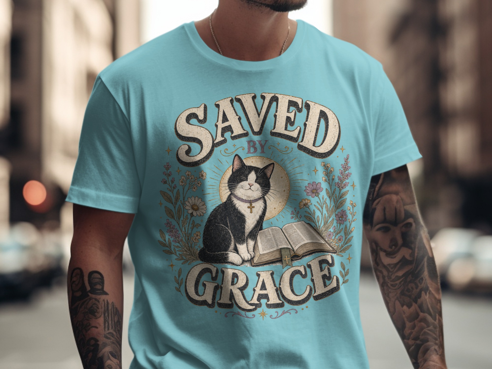 Saved By Grace Christian Cat T-Shirt, Faith Based Tuxedo Kitty and Bible Verse Tee, Cute Religious Floral Women's Gift Shirt - Image 10