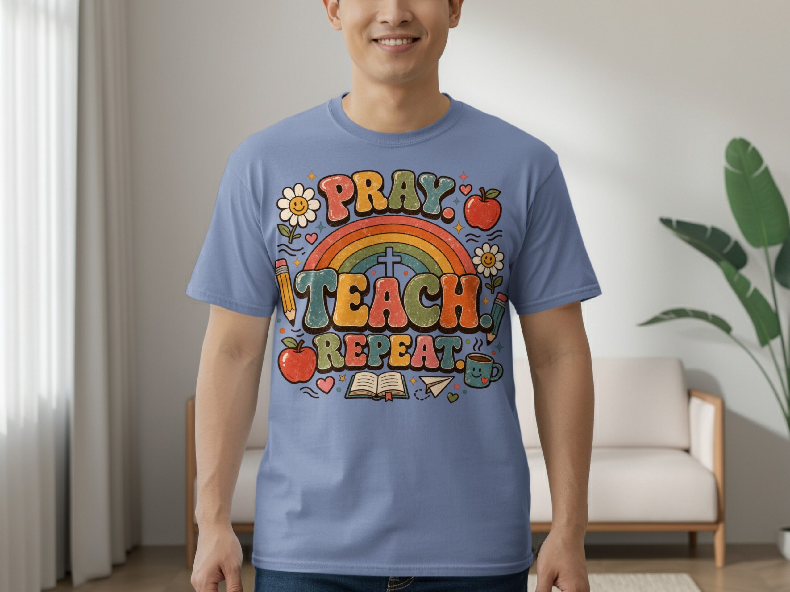 Pray Teach Repeat Teacher T-Shirt, Christian Educator Gift, Retro Groovy Faith School Tee, Boho Rainbow Teacher Apparel for Women - Image 6