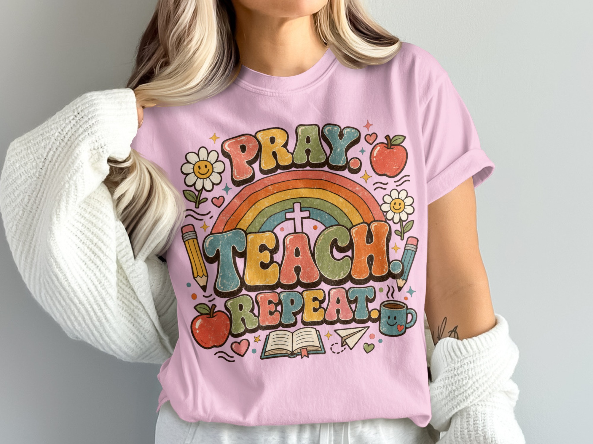 Pray Teach Repeat Teacher T-Shirt, Christian Educator Gift, Retro Groovy Faith School Tee, Boho Rainbow Teacher Apparel for Women - Image 10