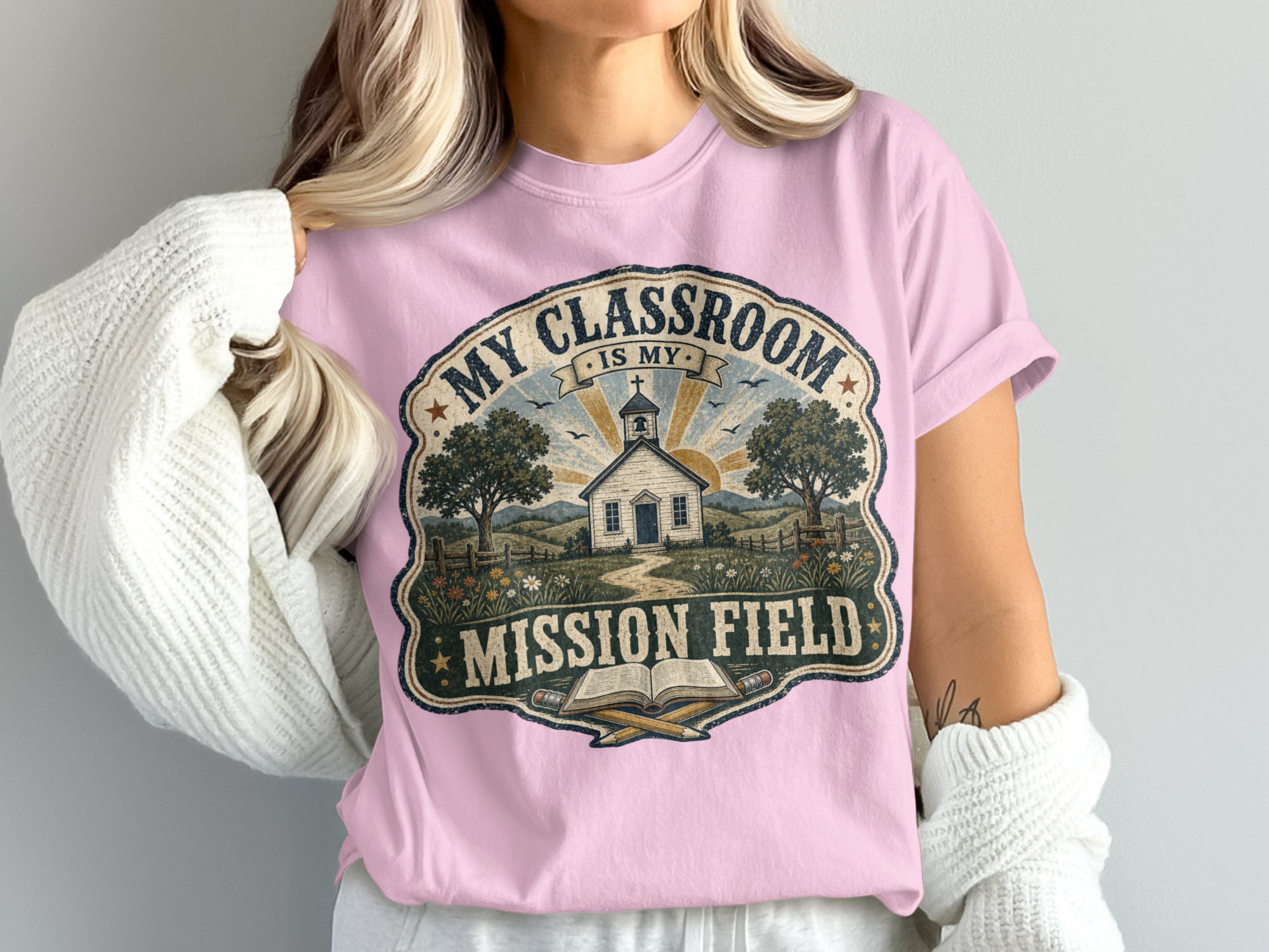 Vintage Classroom Mission Field Teacher T-Shirt, Christian Educator Gift, Schoolhouse Faith Driven Tee, Teacher Appreciation Shirt - Image 10