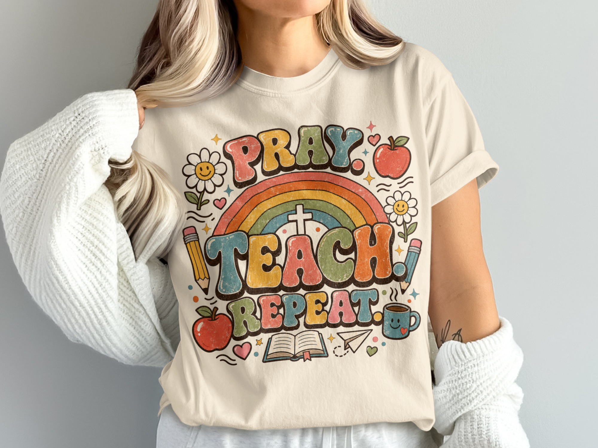 Pray Teach Repeat Teacher T-Shirt, Christian Educator Gift, Retro Groovy Faith School Tee, Boho Rainbow Teacher Apparel for Women - Image 3