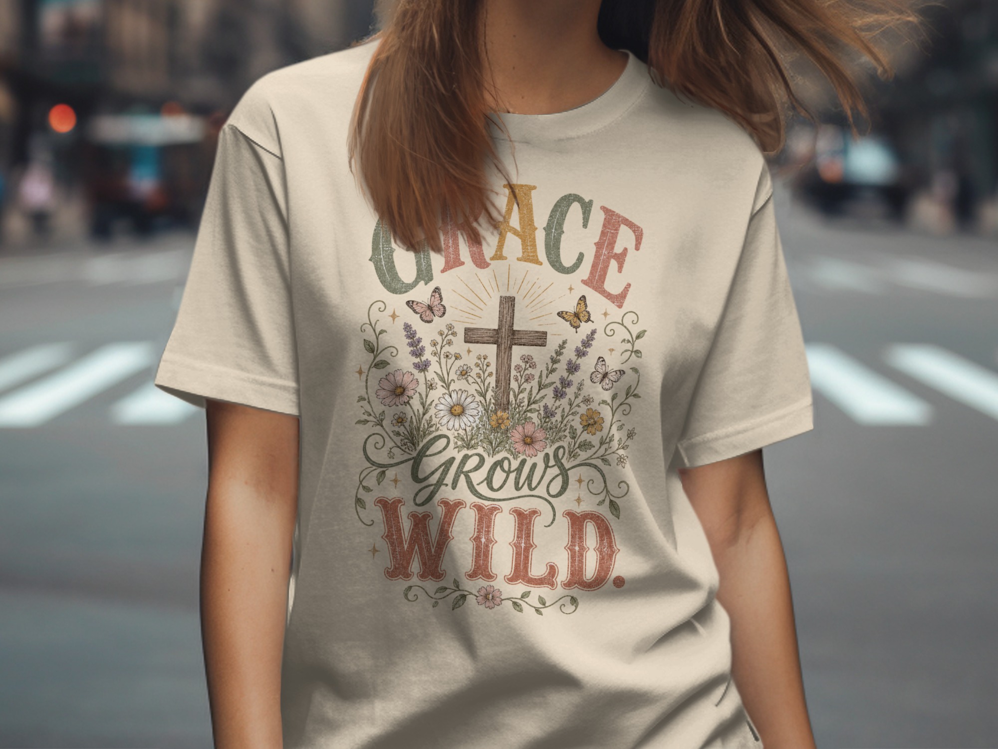 Grace Grows Wild T-Shirt, Christian Faith Tee with Wildflowers & Cross, Boho Inspirational Distressed Religious Shirt, Nature Lover Gift for - Image 5