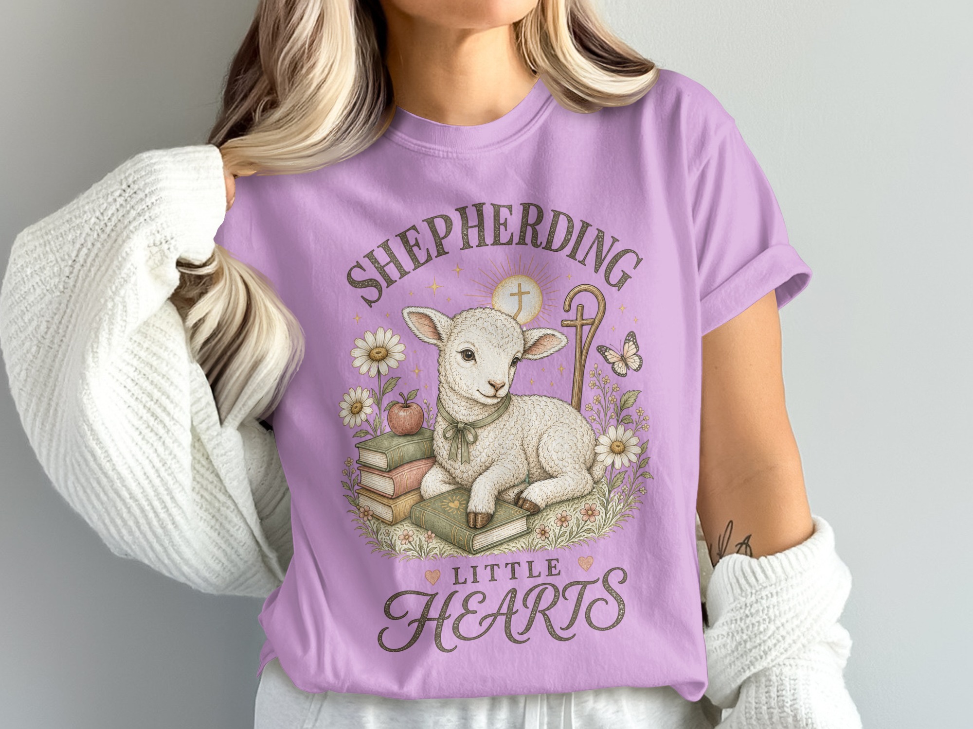 Christian Shepherding Little Hearts T-Shirt | Cute Lamb Daisy Pastor Teacher Gift | Faith-Based Apparel Tee - Image 4