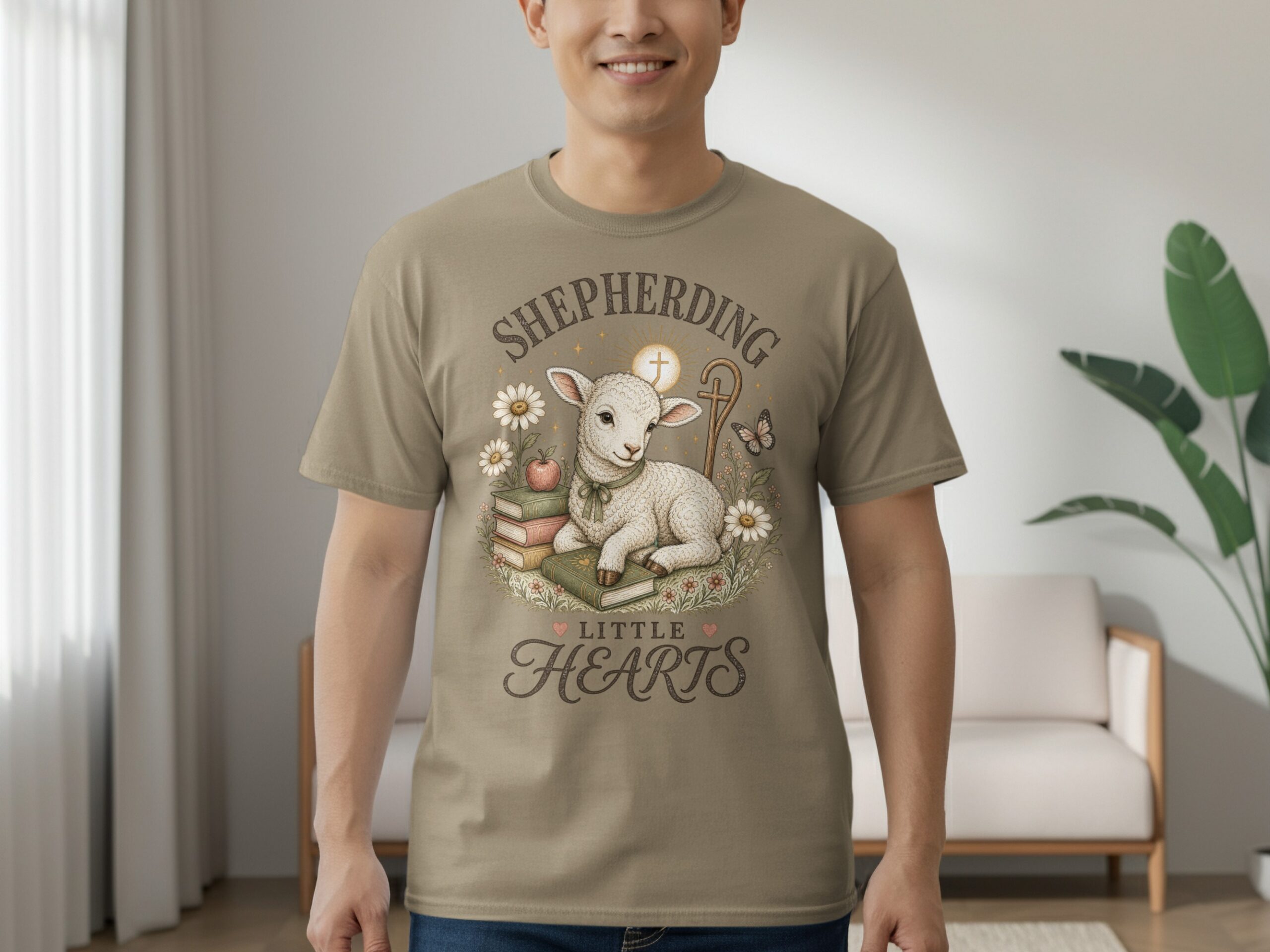 Christian Shepherding Little Hearts T-Shirt | Cute Lamb Daisy Pastor Teacher Gift | Faith-Based Apparel Tee - Image 7
