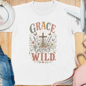 Grace Grows Wild Christian T-Shirt, Boho Faith Tee, Vintage Floral Cross Design, Inspirational Religious Gift for Her, Nature Lover