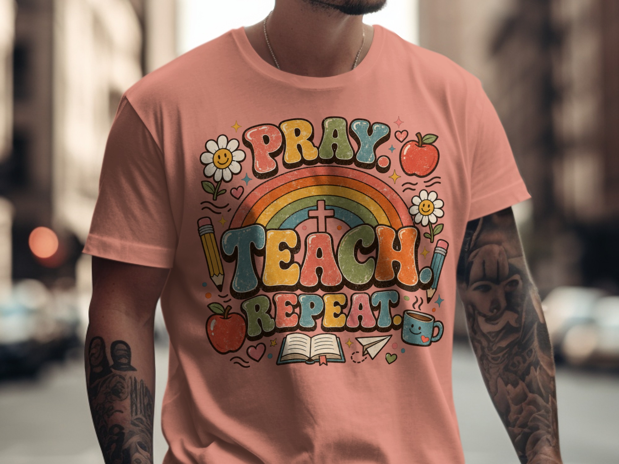Pray Teach Repeat Teacher T-Shirt, Christian Educator Gift, Retro Groovy Faith School Tee, Boho Rainbow Teacher Apparel for Women - Image 13