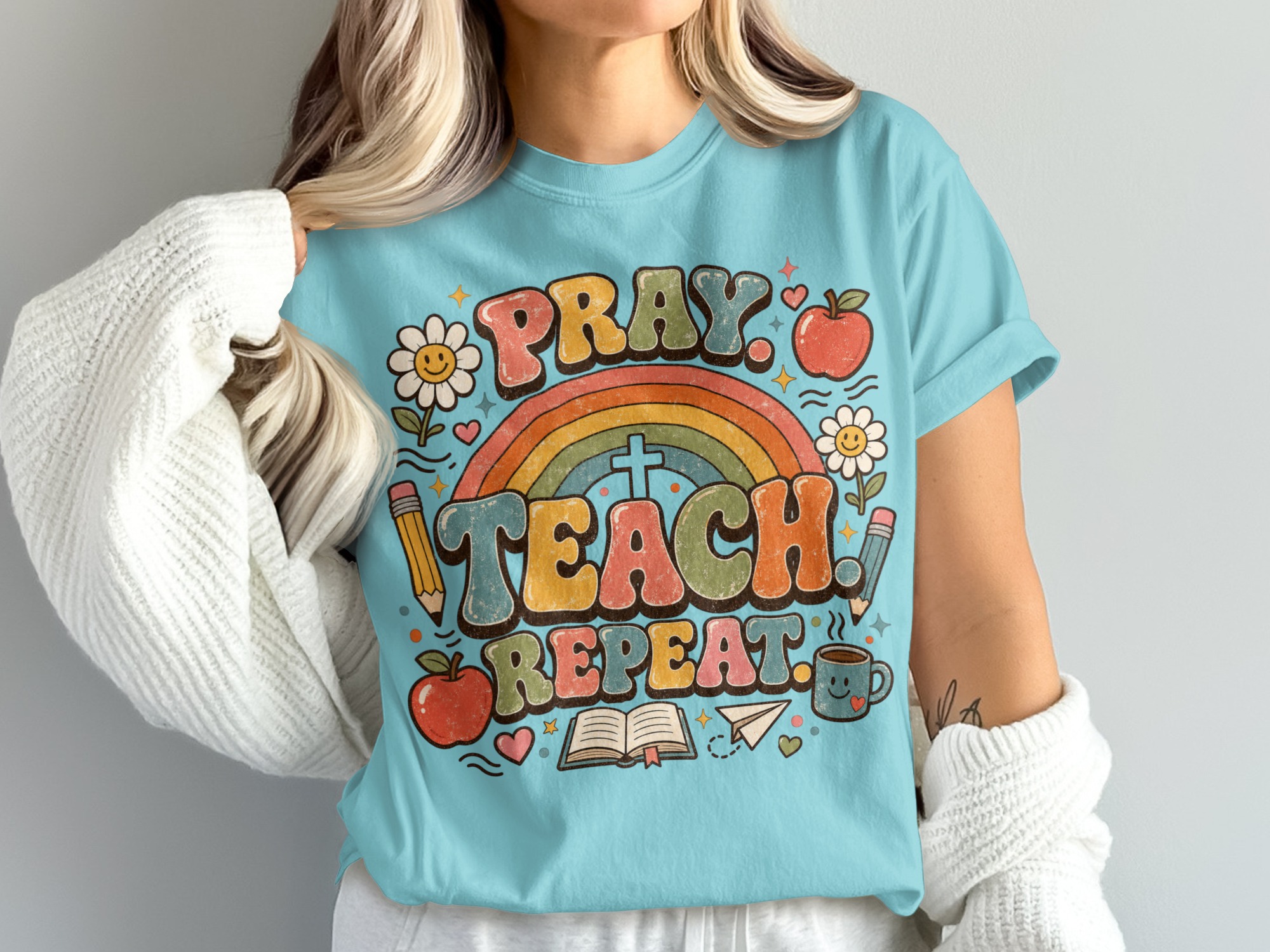 Pray Teach Repeat Teacher T-Shirt, Christian Educator Gift, Retro Groovy Faith School Tee, Boho Rainbow Teacher Apparel for Women - Image 11