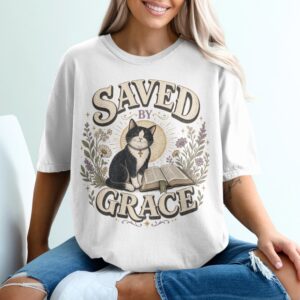 Saved By Grace Christian Cat T-Shirt, Faith Based Tuxedo Kitty and Bible Verse Tee, Cute Religious Floral Women's Gift Shirt