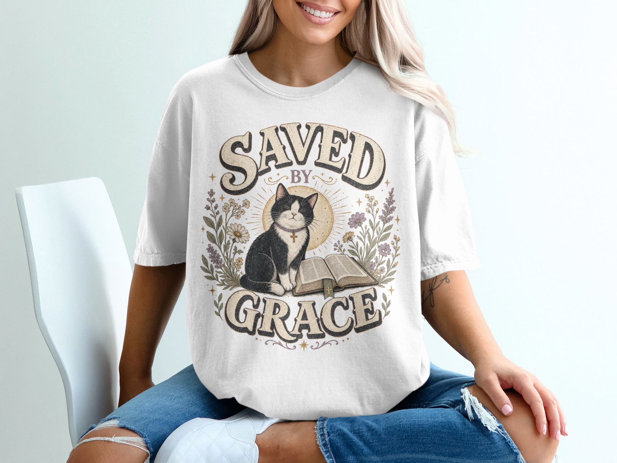 Saved By Grace Christian Cat T-Shirt, Faith Based Tuxedo Kitty and Bible Verse Tee, Cute Religious Floral Women's Gift Shirt