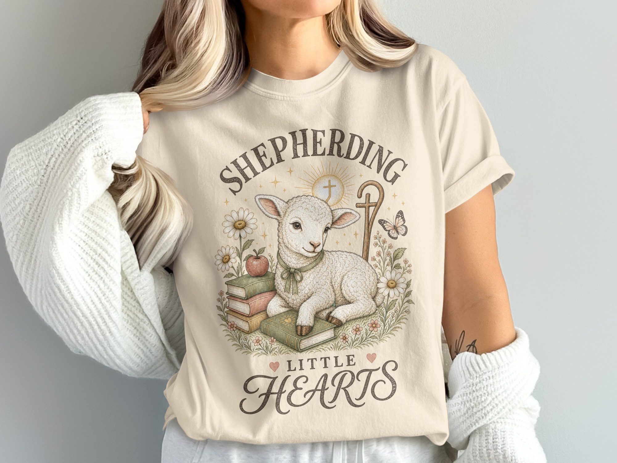 Christian Shepherding Little Hearts T-Shirt | Cute Lamb Daisy Pastor Teacher Gift | Faith-Based Apparel Tee - Image 3