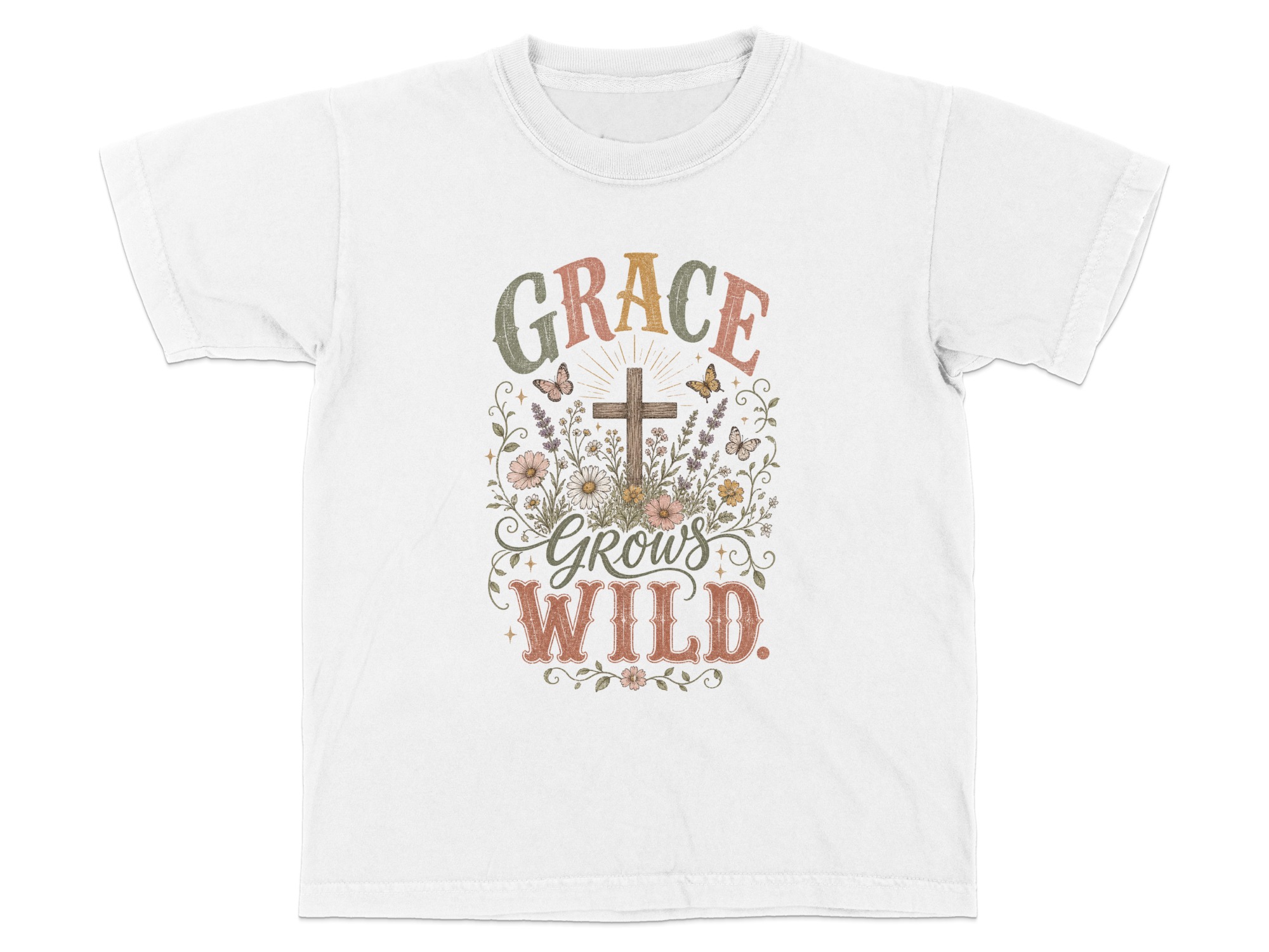Grace Grows Wild Christian T-Shirt, Boho Faith Tee, Vintage Floral Cross Design, Inspirational Religious Gift for Her, Nature Lover - Image 3