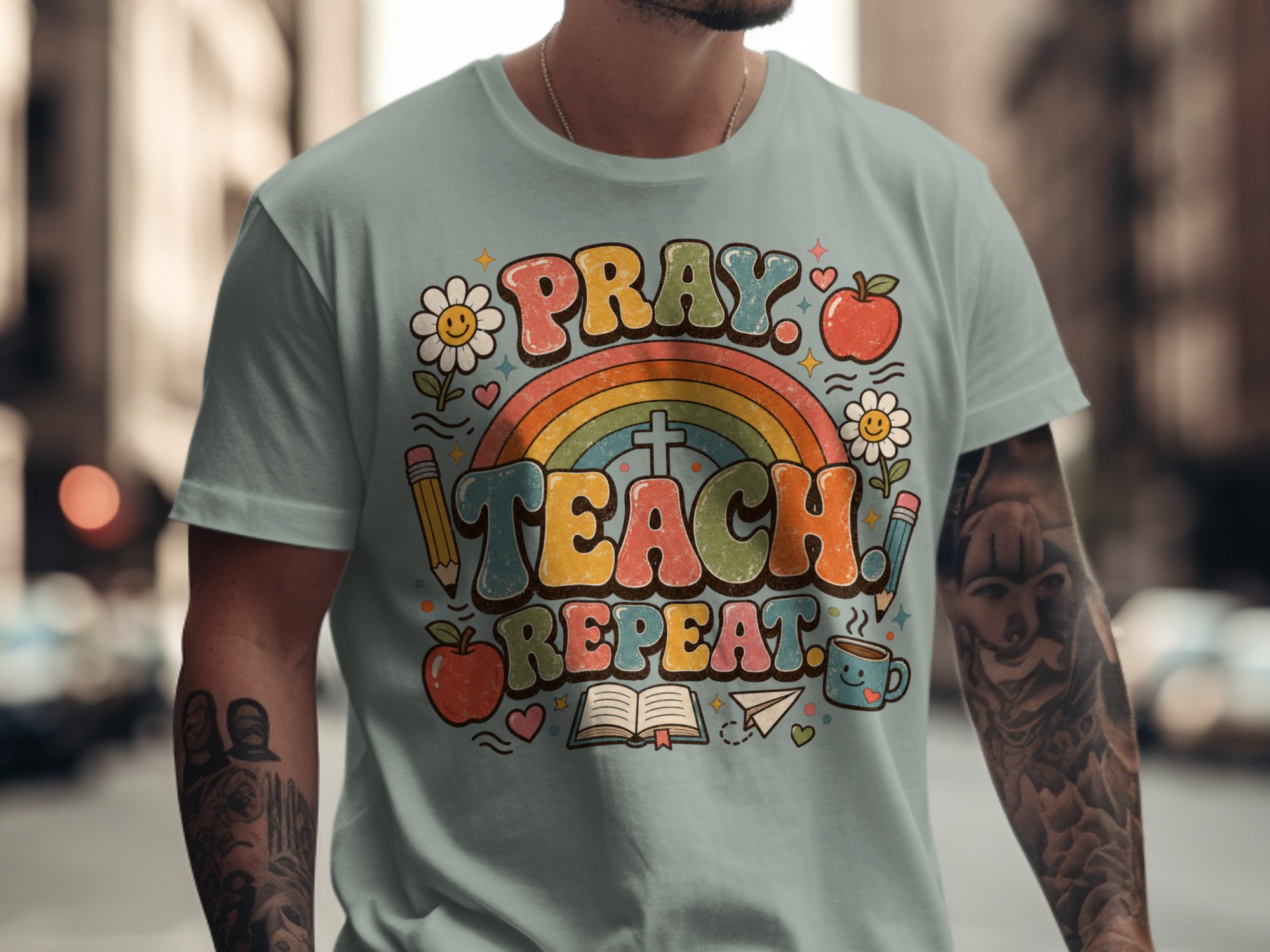 Pray Teach Repeat Teacher T-Shirt, Christian Educator Gift, Retro Groovy Faith School Tee, Boho Rainbow Teacher Apparel for Women - Image 12