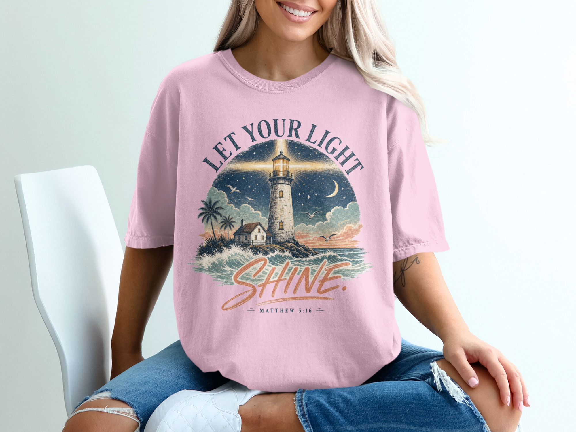 Let Your Light Shine Matthew 5:16 T-Shirt | Christian Lighthouse Verse Tee, Spiritual Faith Gift, Inspirational Apparel - Image 2