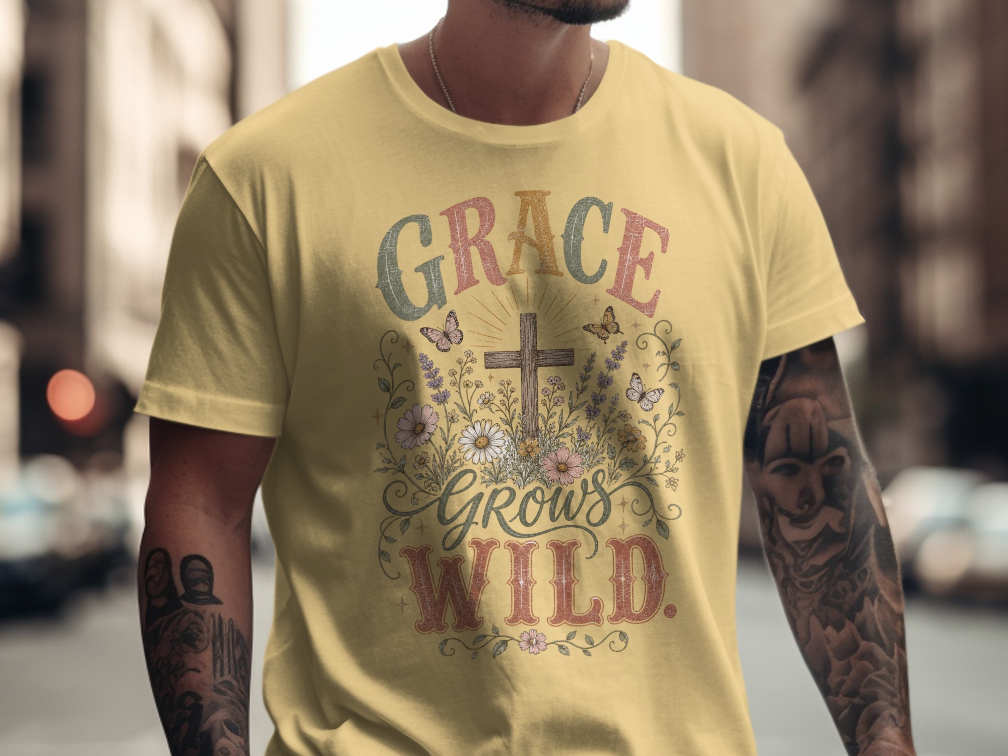 Grace Grows Wild T-Shirt, Christian Faith Tee with Wildflowers & Cross, Boho Inspirational Distressed Religious Shirt, Nature Lover Gift for - Image 9