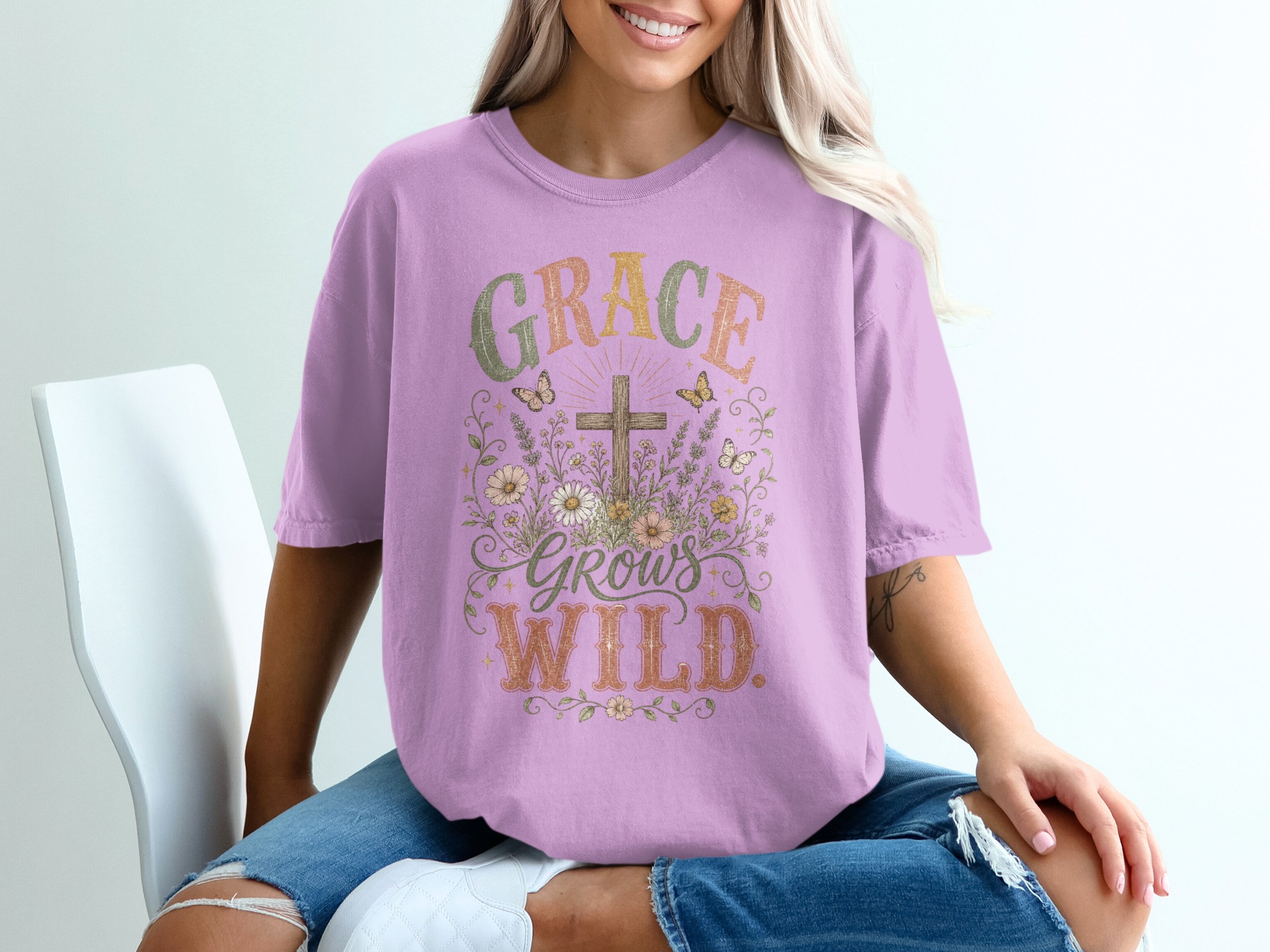 Grace Grows Wild T-Shirt, Christian Faith Tee with Wildflowers & Cross, Boho Inspirational Distressed Religious Shirt, Nature Lover Gift for - Image 3