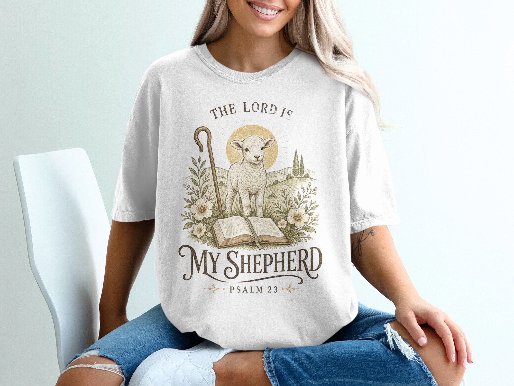 The Lord Is My Shepherd Psalm 23 T-Shirt, Christian Faith Apparel, Lamb of God Religious Verse Tee, Inspirational Gift for Her