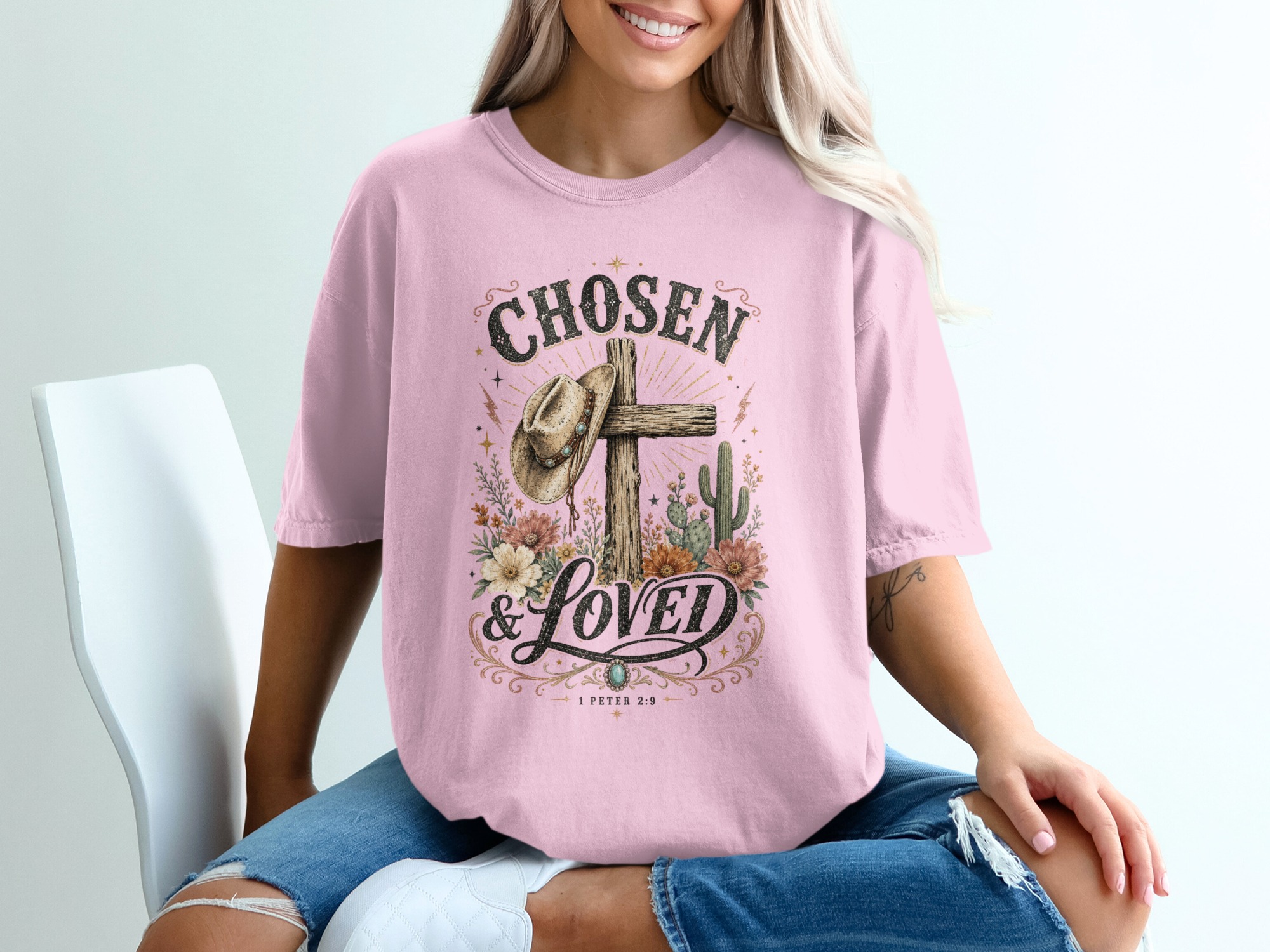 Chosen & Loved Western Christian T-Shirt | Boho Cowgirl Faith Tee, Rustic Cross Scripture 1 Peter 2:9 Top - Image 2