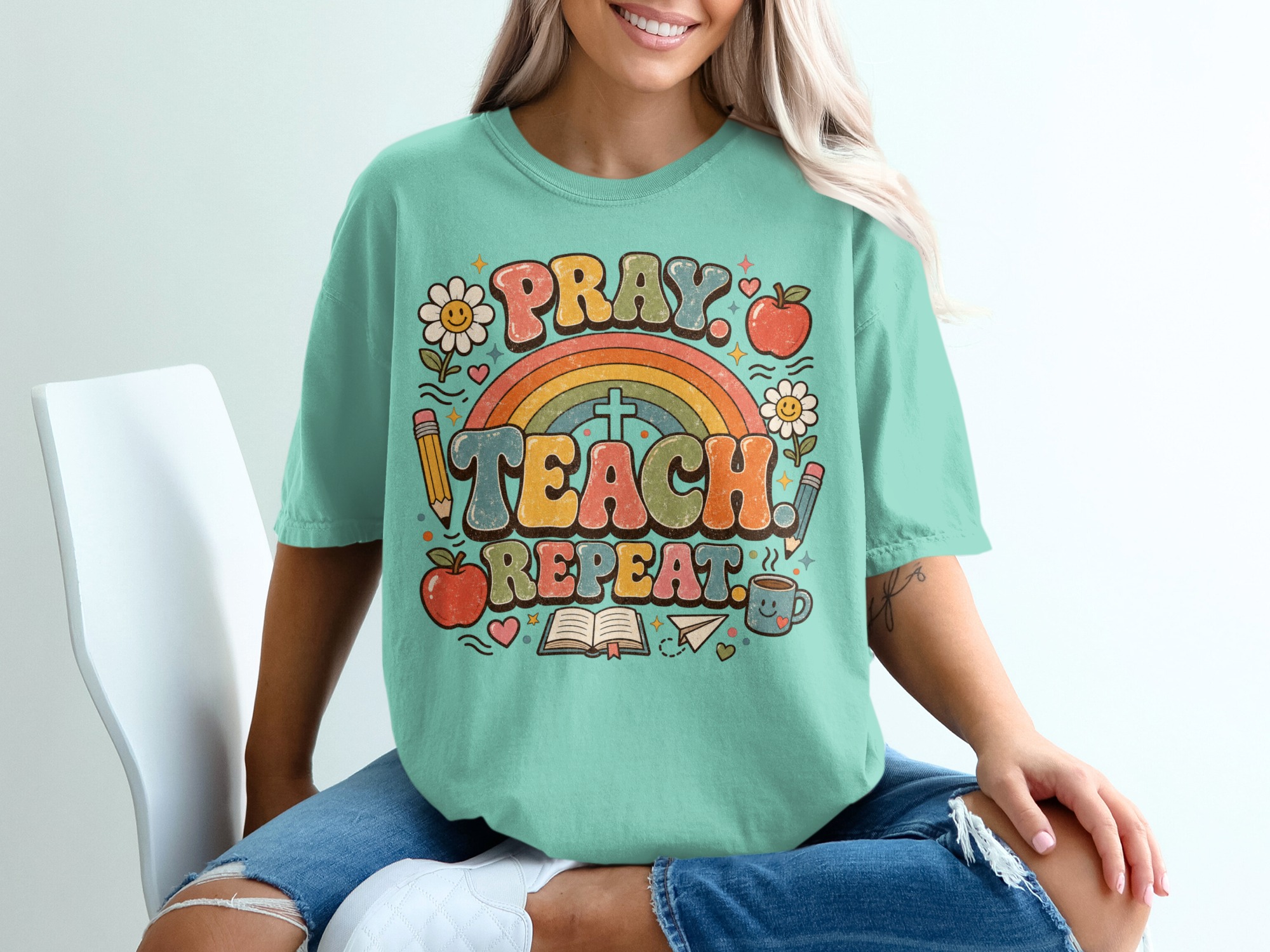 Pray Teach Repeat Teacher T-Shirt, Christian Educator Gift, Retro Groovy Faith School Tee, Boho Rainbow Teacher Apparel for Women - Image 2