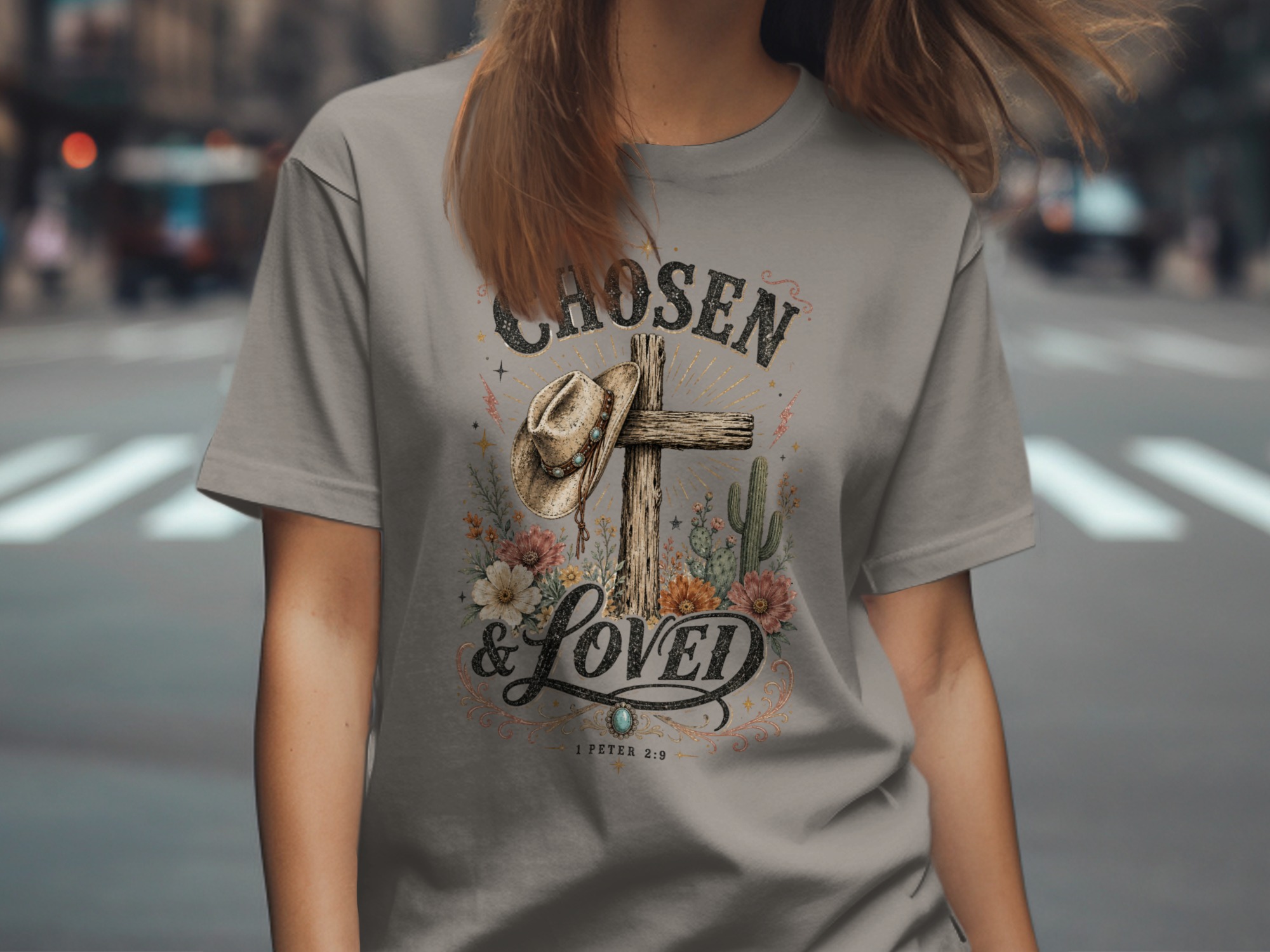 Chosen & Loved Western Christian T-Shirt | Boho Cowgirl Faith Tee, Rustic Cross Scripture 1 Peter 2:9 Top - Image 8