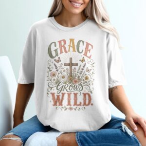 Grace Grows Wild T-Shirt, Christian Faith Tee with Wildflowers & Cross, Boho Inspirational Distressed Religious Shirt, Nature Lover Gift for