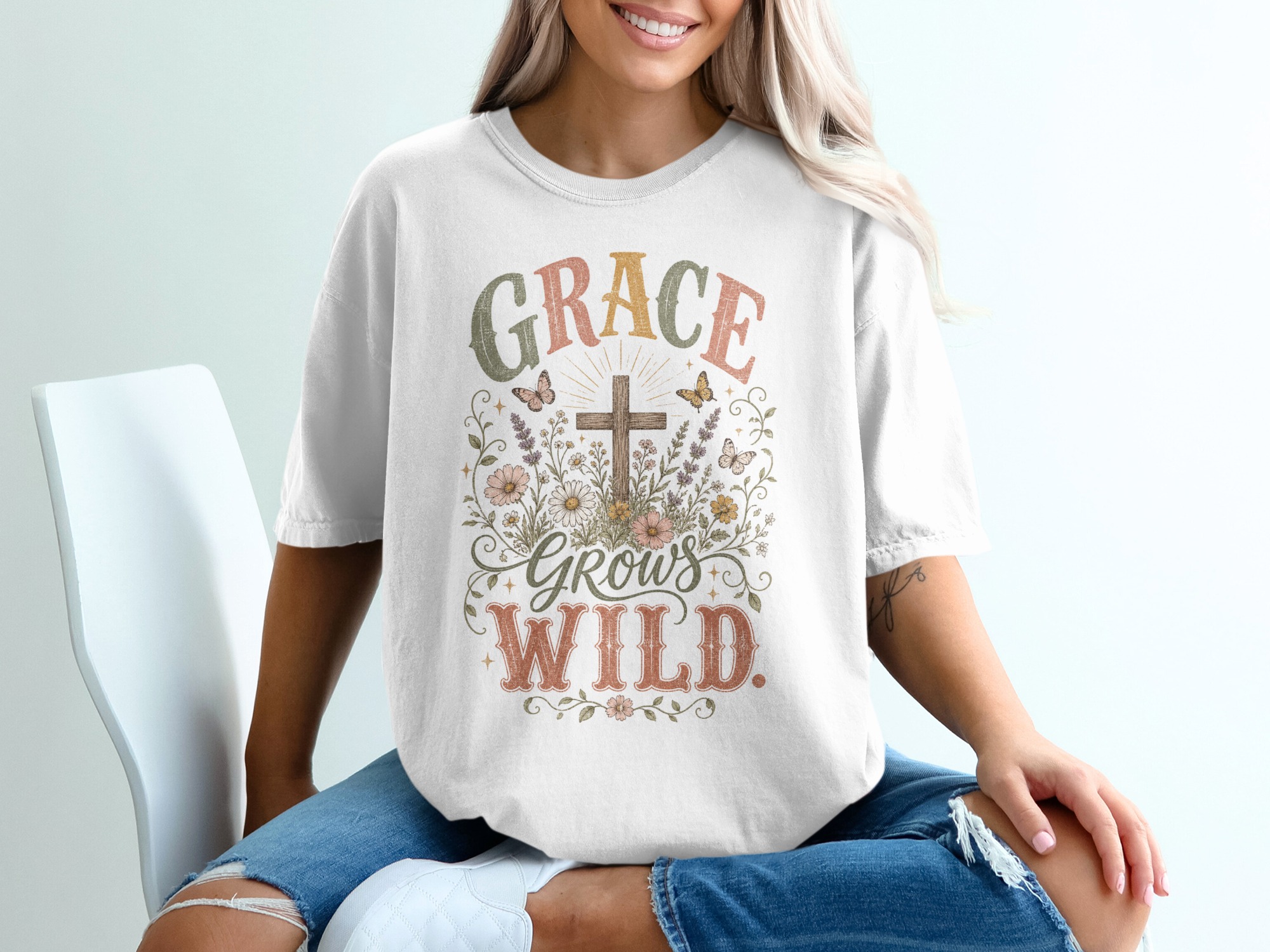 Grace Grows Wild T-Shirt, Christian Faith Tee with Wildflowers & Cross, Boho Inspirational Distressed Religious Shirt, Nature Lover Gift for