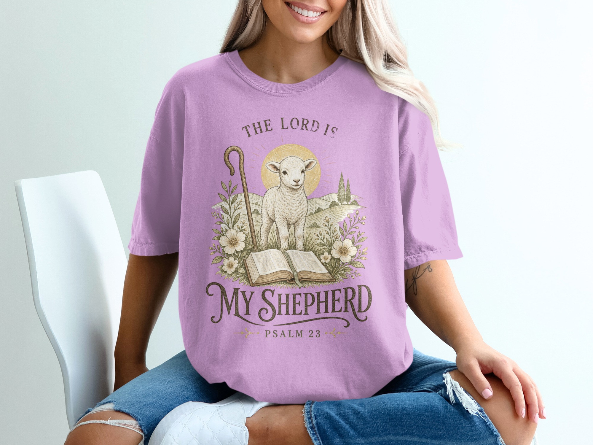 The Lord Is My Shepherd Psalm 23 T-Shirt, Christian Faith Apparel, Lamb of God Religious Verse Tee, Inspirational Gift for Her - Image 3