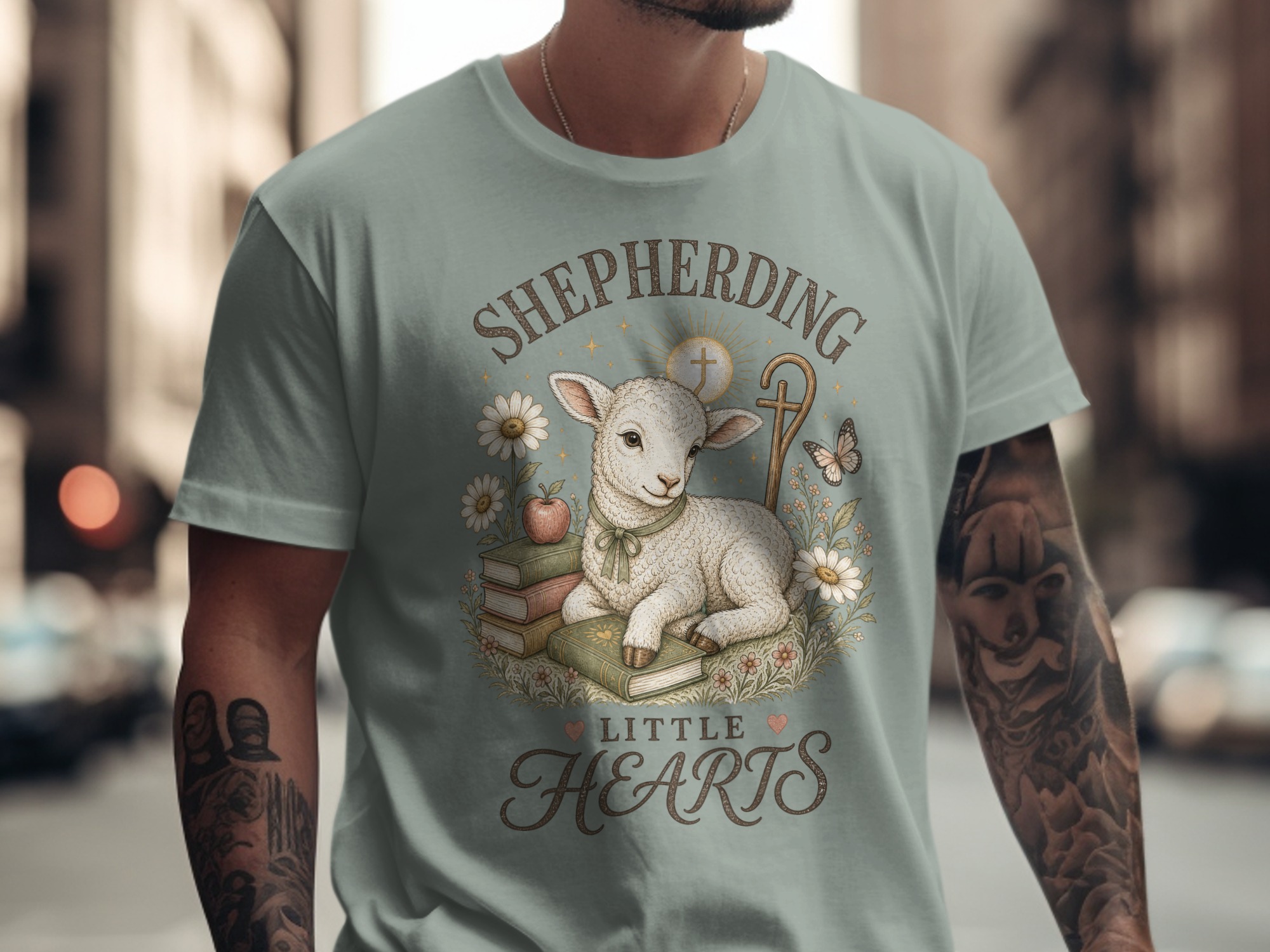 Christian Shepherding Little Hearts T-Shirt | Cute Lamb Daisy Pastor Teacher Gift | Faith-Based Apparel Tee - Image 12