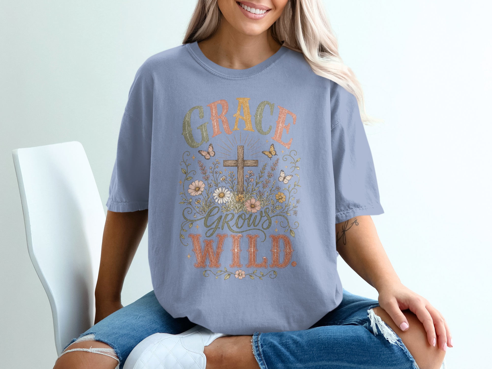 Grace Grows Wild T-Shirt, Christian Faith Tee with Wildflowers & Cross, Boho Inspirational Distressed Religious Shirt, Nature Lover Gift for - Image 4