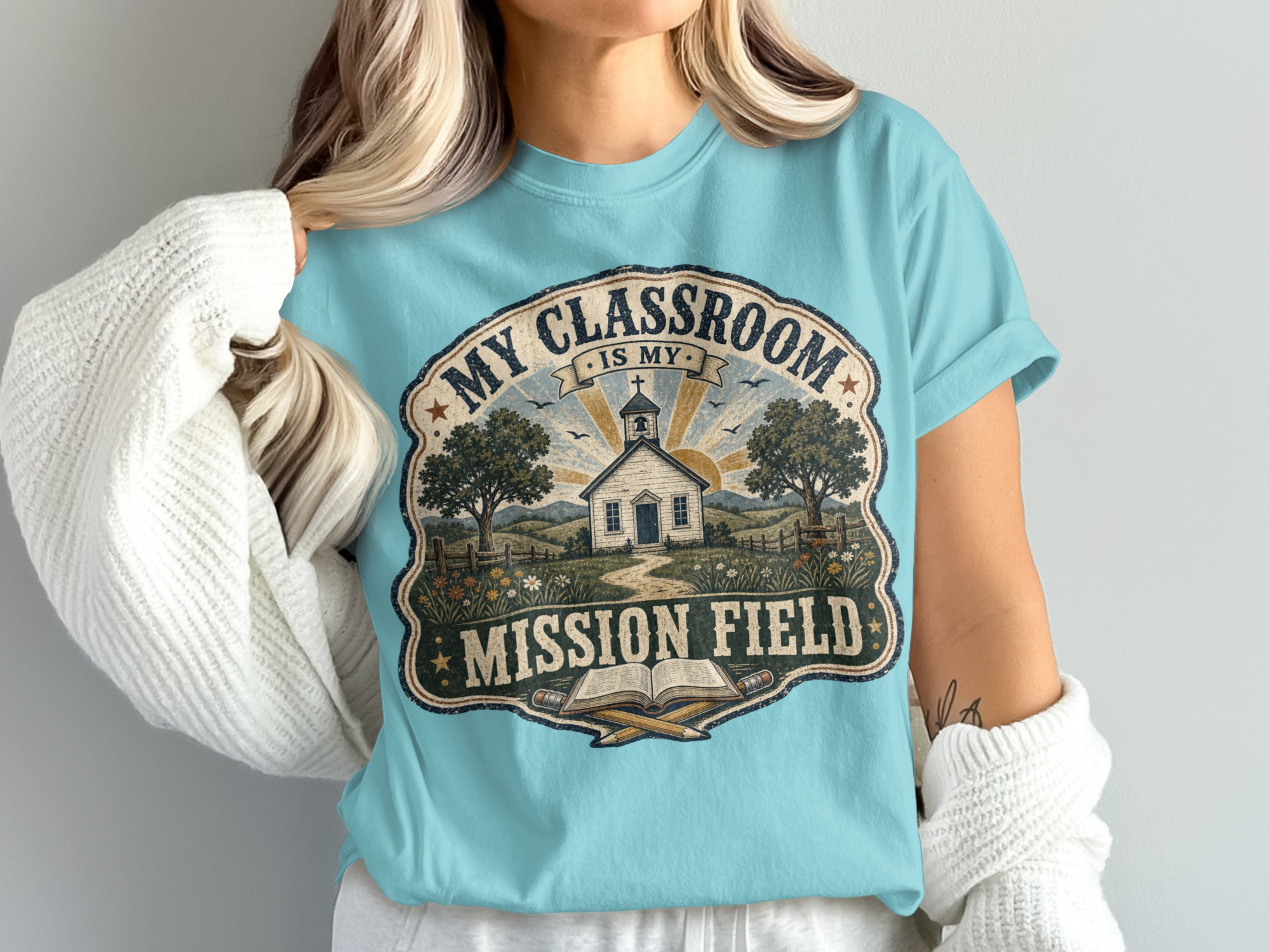 Vintage Classroom Mission Field Teacher T-Shirt, Christian Educator Gift, Schoolhouse Faith Driven Tee, Teacher Appreciation Shirt - Image 11