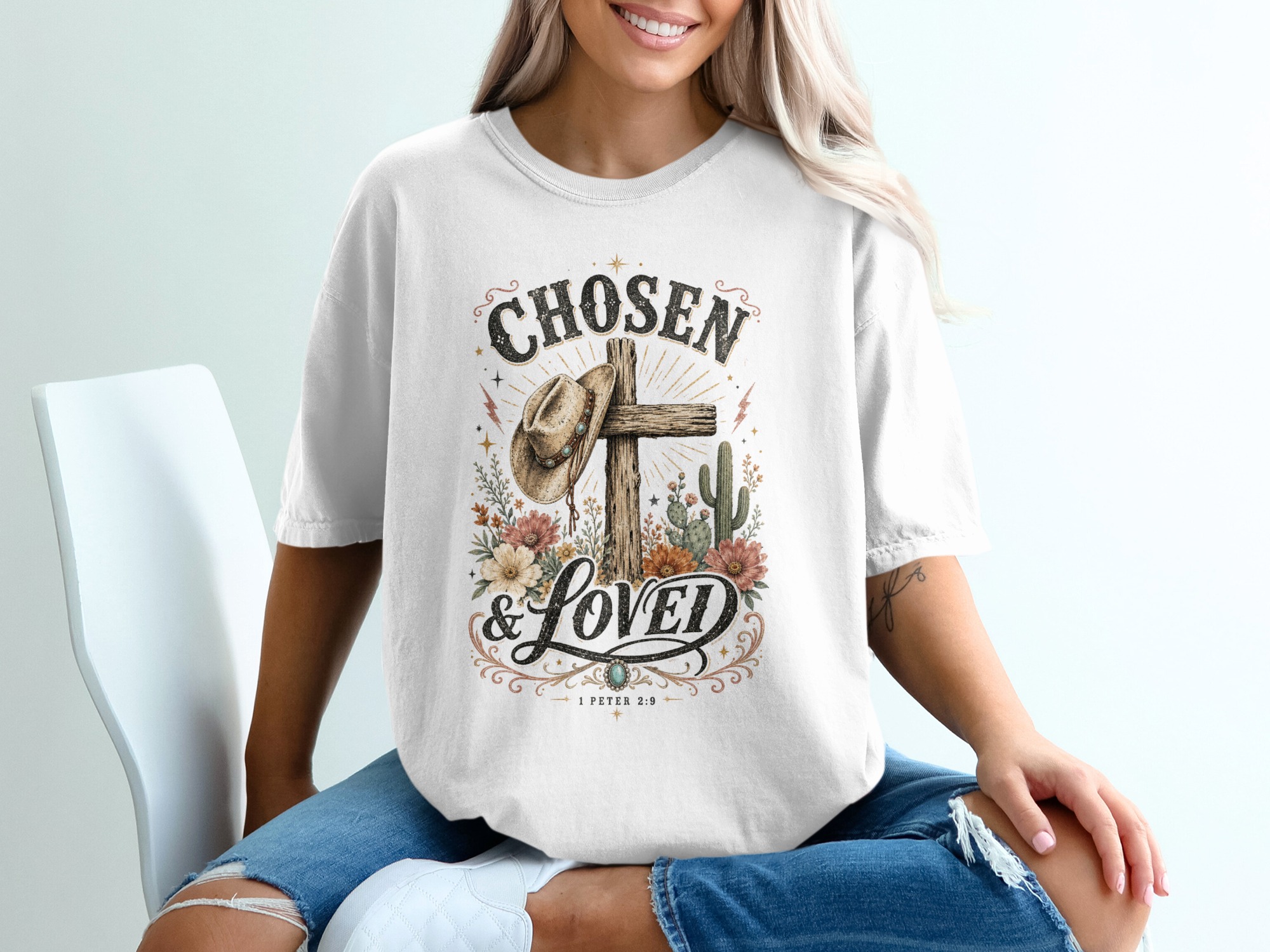 Chosen & Loved Western Christian T-Shirt | Boho Cowgirl Faith Tee, Rustic Cross Scripture 1 Peter 2:9 Top