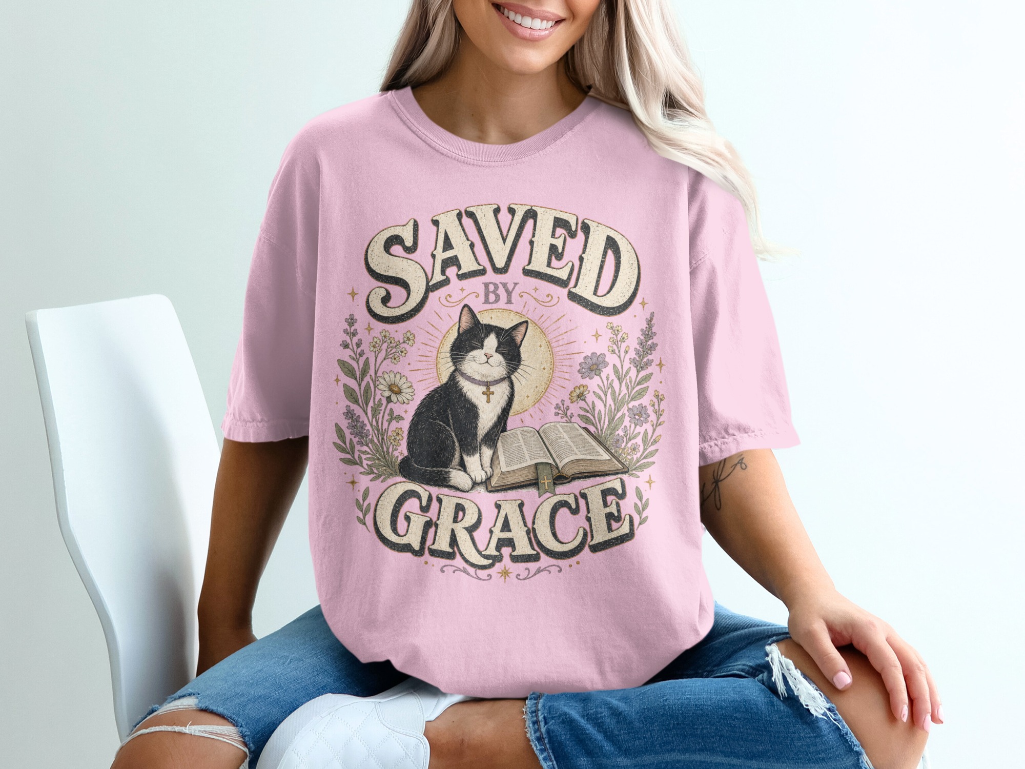 Saved By Grace Christian Cat T-Shirt, Faith Based Tuxedo Kitty and Bible Verse Tee, Cute Religious Floral Women's Gift Shirt - Image 2