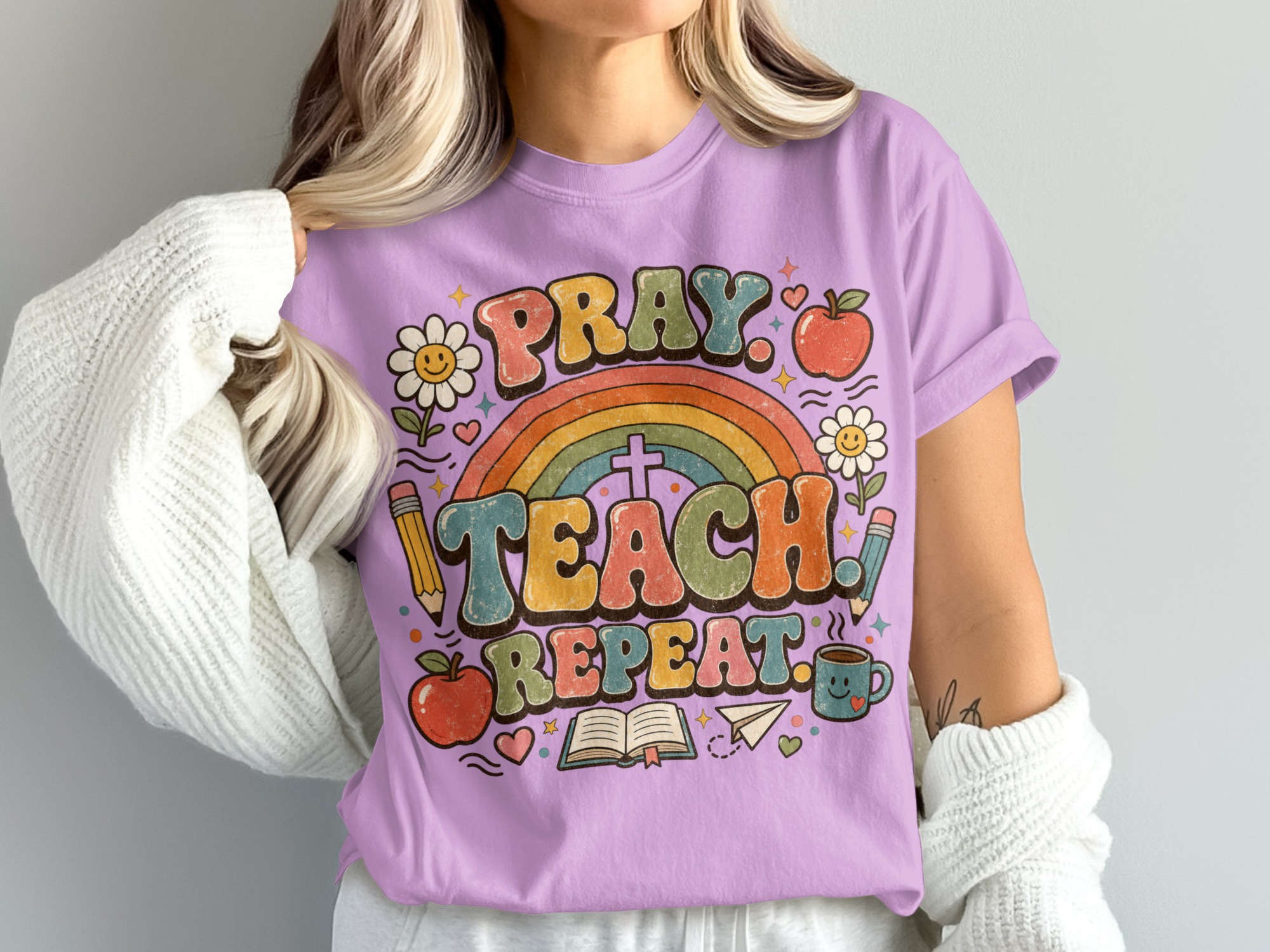 Pray Teach Repeat Teacher T-Shirt, Christian Educator Gift, Retro Groovy Faith School Tee, Boho Rainbow Teacher Apparel for Women - Image 4