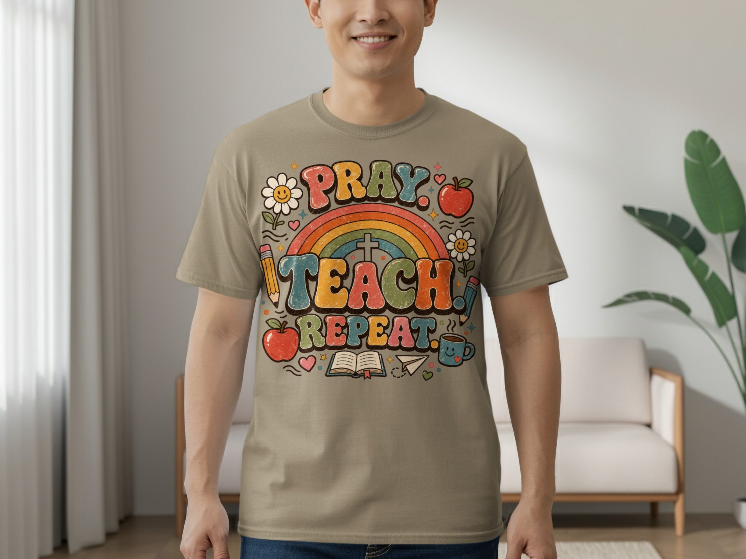 Pray Teach Repeat Teacher T-Shirt, Christian Educator Gift, Retro Groovy Faith School Tee, Boho Rainbow Teacher Apparel for Women - Image 7