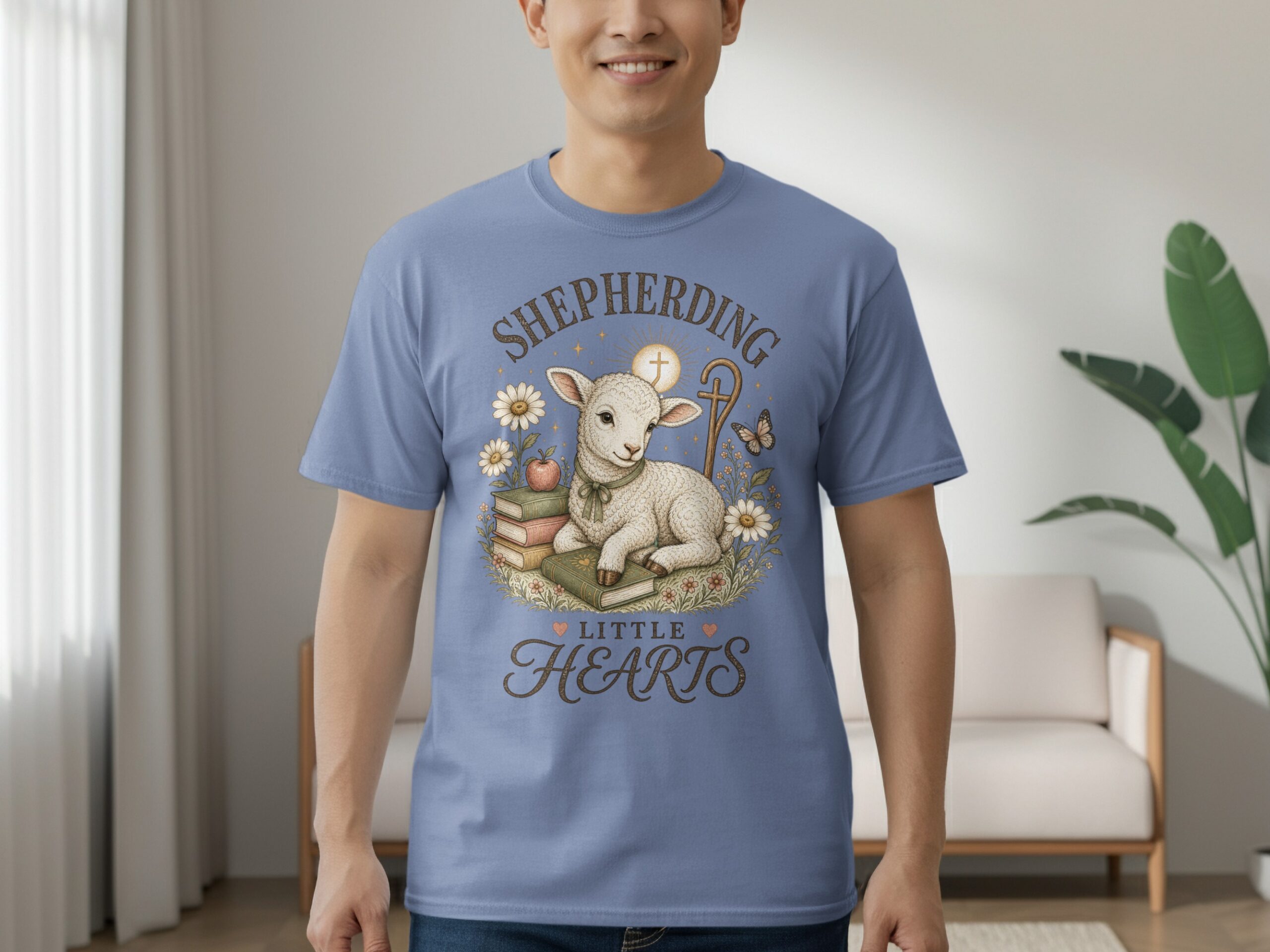 Christian Shepherding Little Hearts T-Shirt | Cute Lamb Daisy Pastor Teacher Gift | Faith-Based Apparel Tee - Image 6