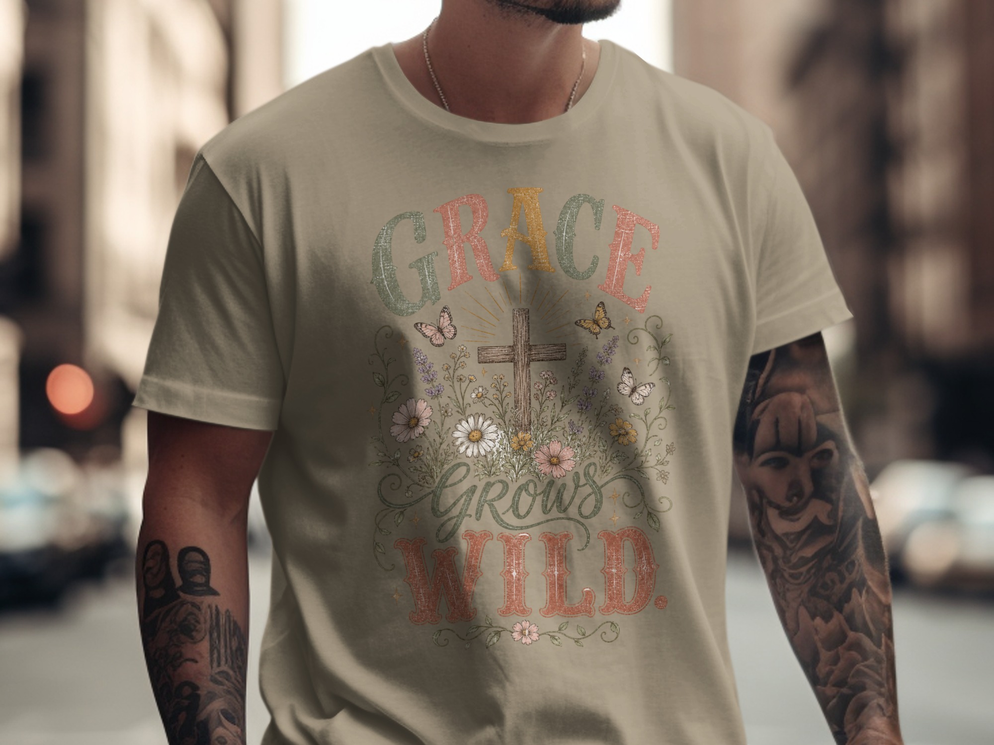 Grace Grows Wild T-Shirt, Christian Faith Tee with Wildflowers & Cross, Boho Inspirational Distressed Religious Shirt, Nature Lover Gift for - Image 11