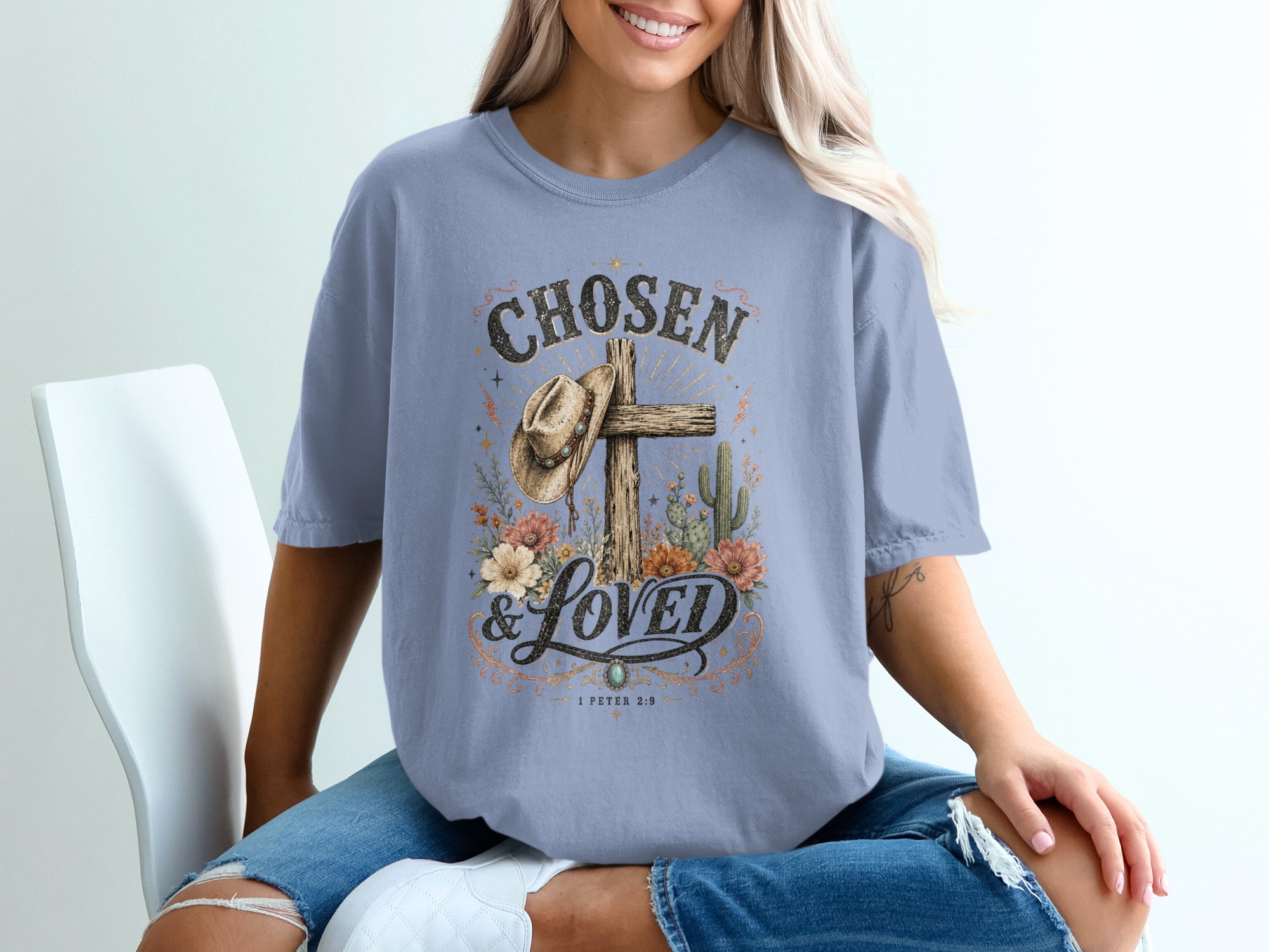 Chosen & Loved Western Christian T-Shirt | Boho Cowgirl Faith Tee, Rustic Cross Scripture 1 Peter 2:9 Top - Image 4