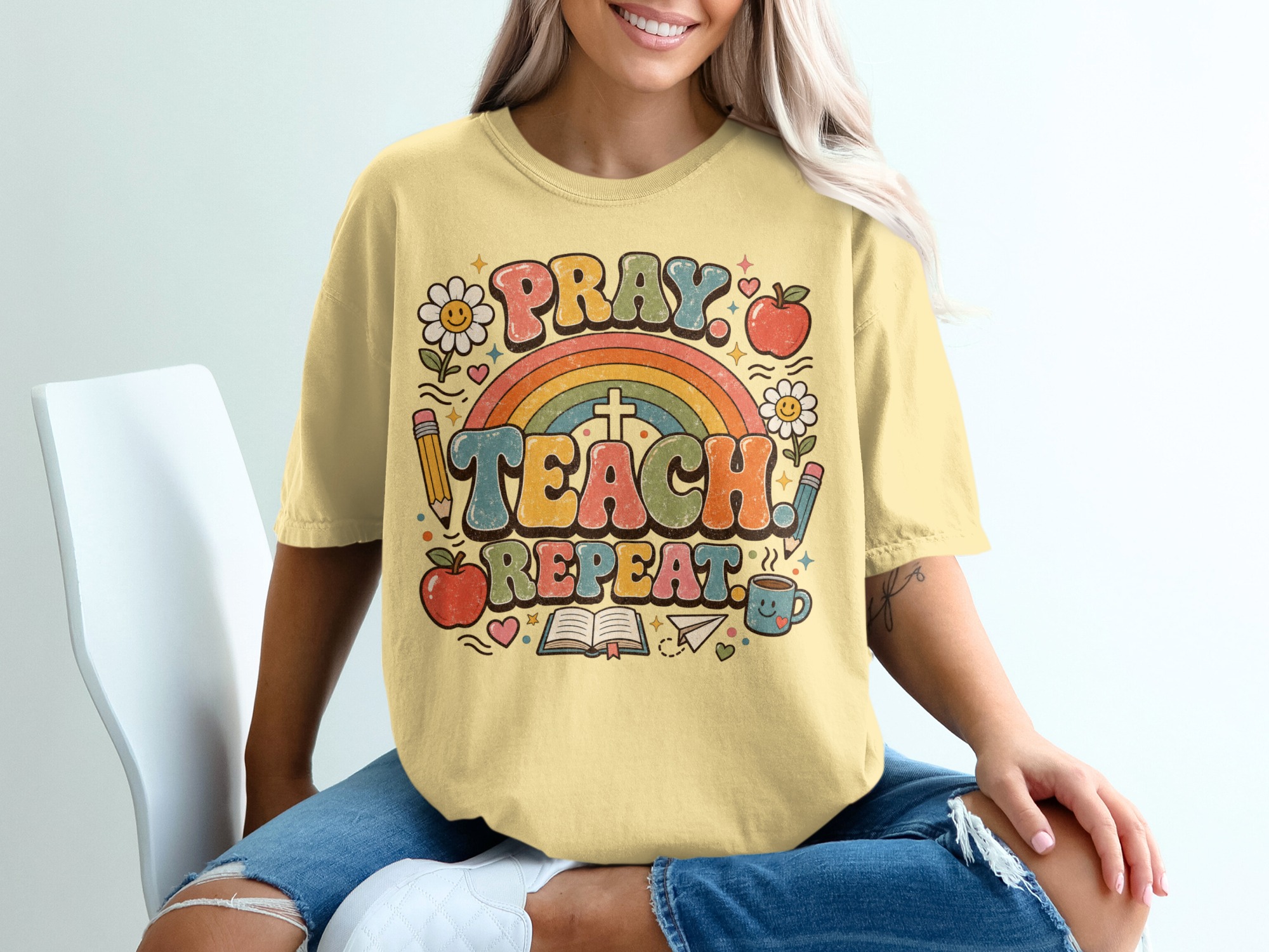 Pray Teach Repeat Teacher T-Shirt, Christian Educator Gift, Retro Groovy Faith School Tee, Boho Rainbow Teacher Apparel for Women - Image 8