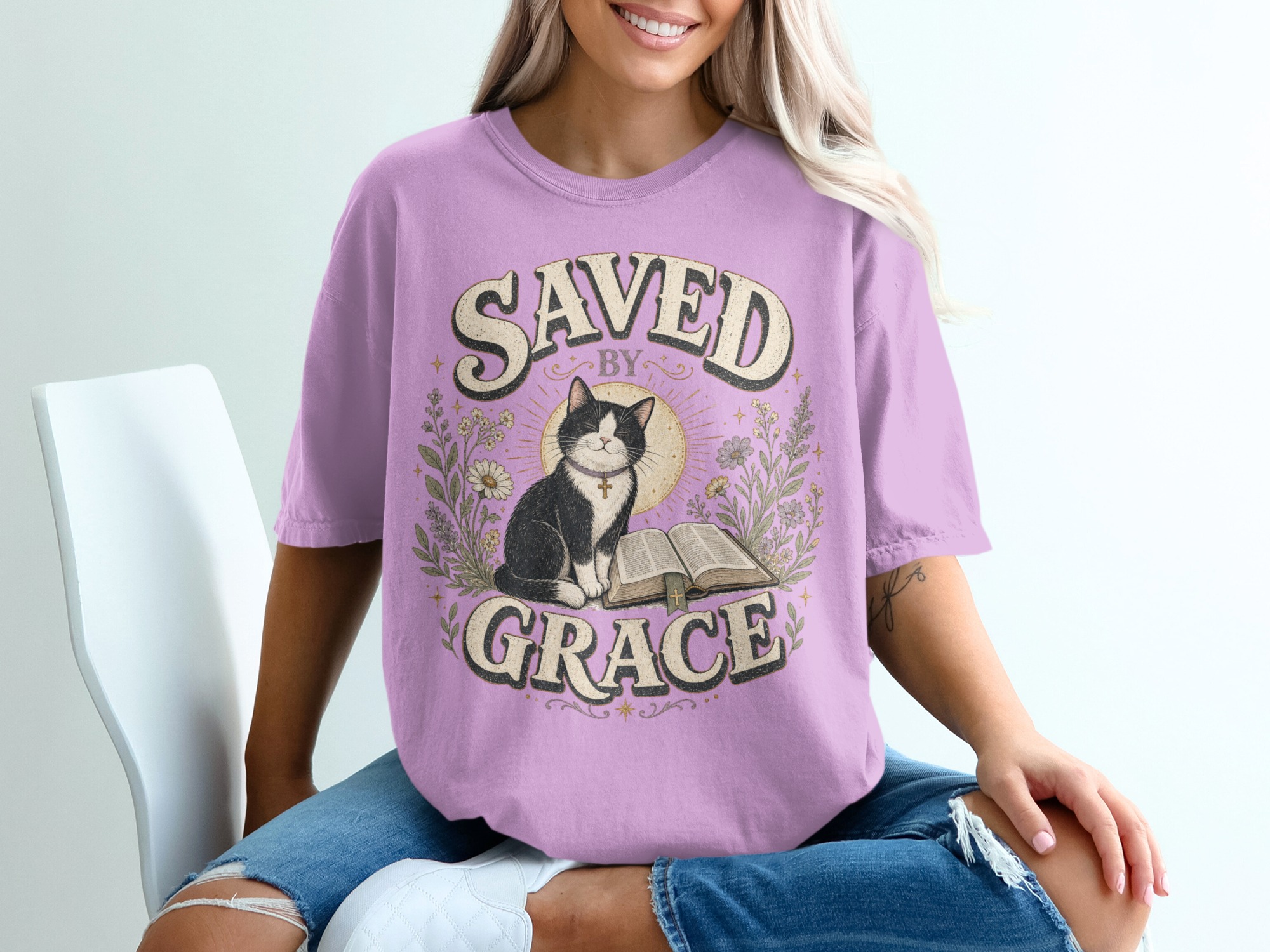 Saved By Grace Christian Cat T-Shirt, Faith Based Tuxedo Kitty and Bible Verse Tee, Cute Religious Floral Women's Gift Shirt - Image 3