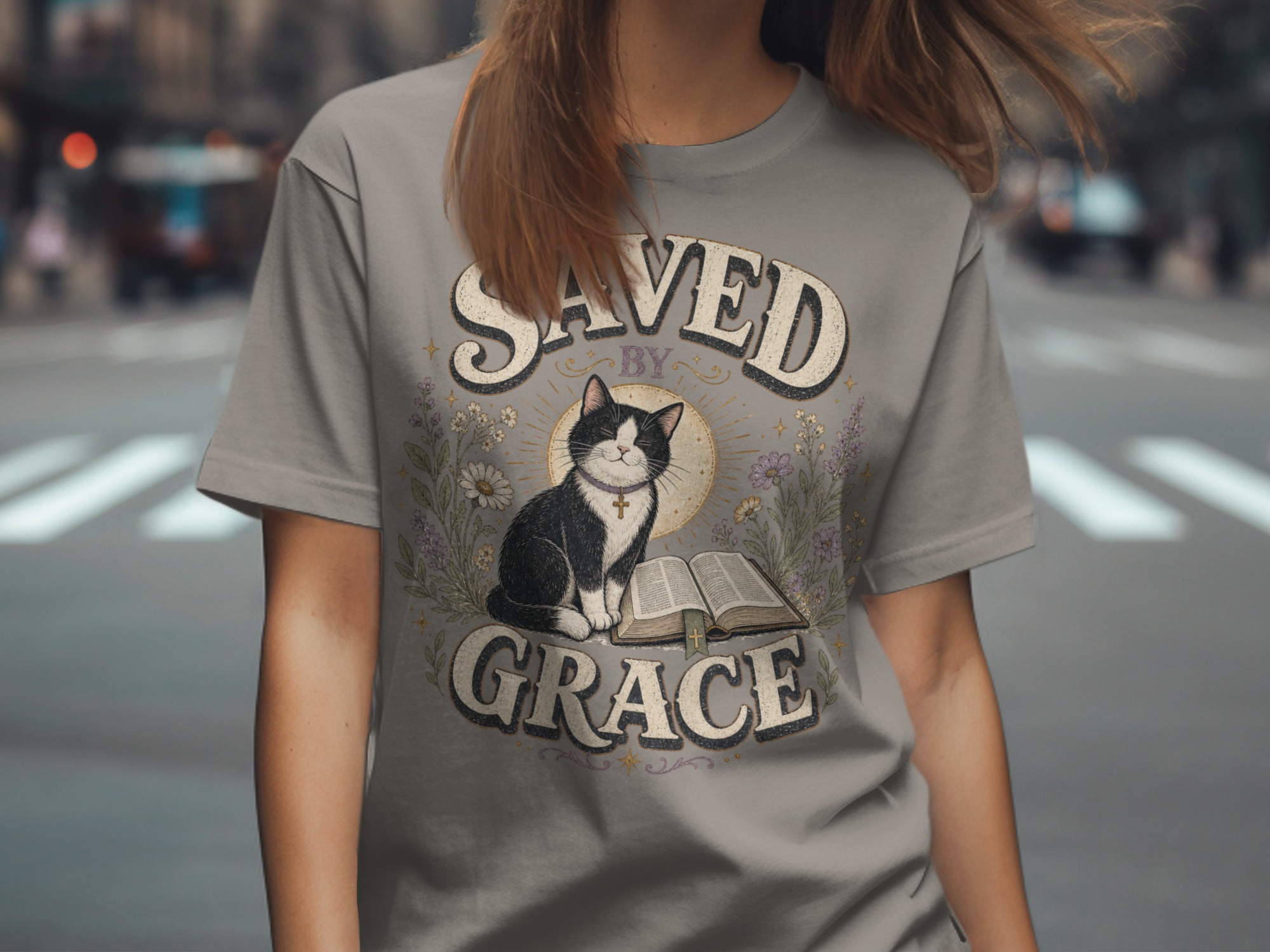 Saved By Grace Christian Cat T-Shirt, Faith Based Tuxedo Kitty and Bible Verse Tee, Cute Religious Floral Women's Gift Shirt - Image 8
