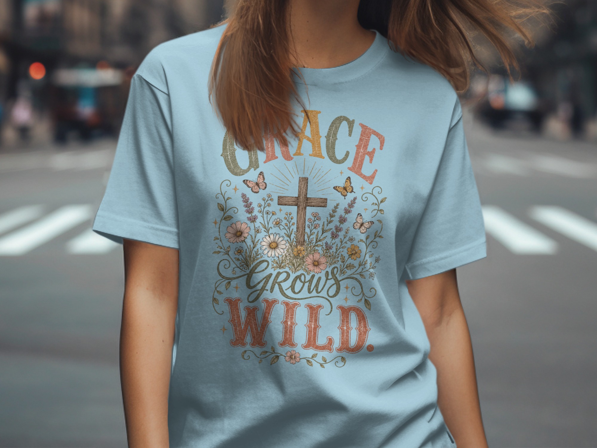 Grace Grows Wild T-Shirt, Christian Faith Tee with Wildflowers & Cross, Boho Inspirational Distressed Religious Shirt, Nature Lover Gift for - Image 6