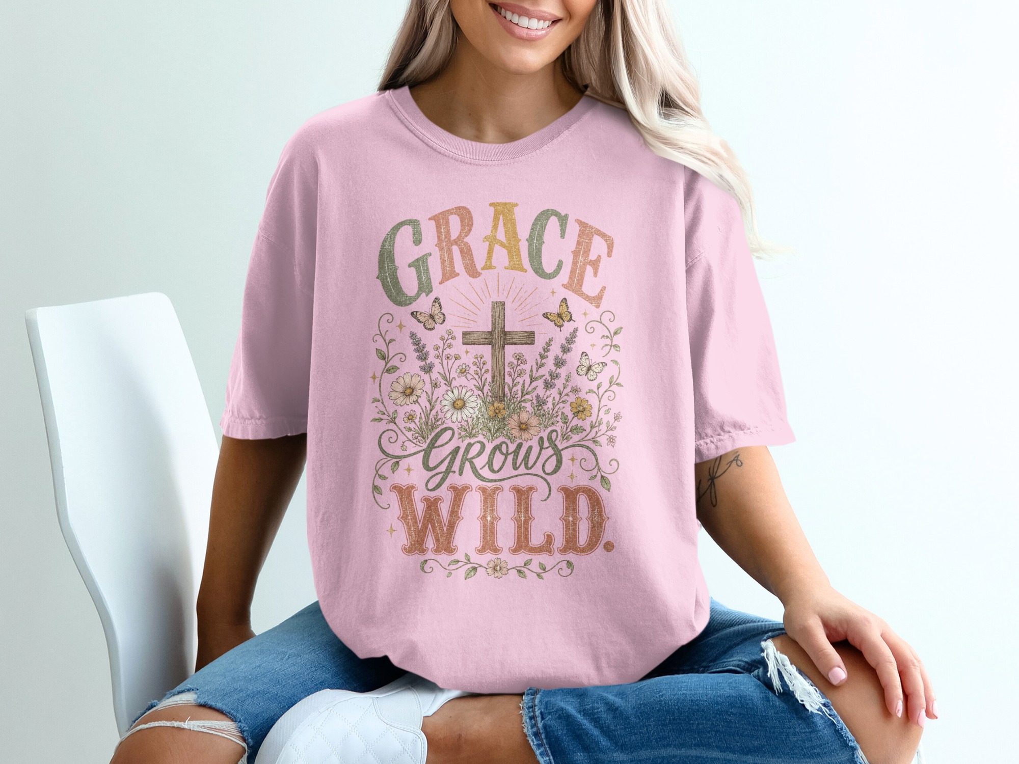 Grace Grows Wild T-Shirt, Christian Faith Tee with Wildflowers & Cross, Boho Inspirational Distressed Religious Shirt, Nature Lover Gift for - Image 2