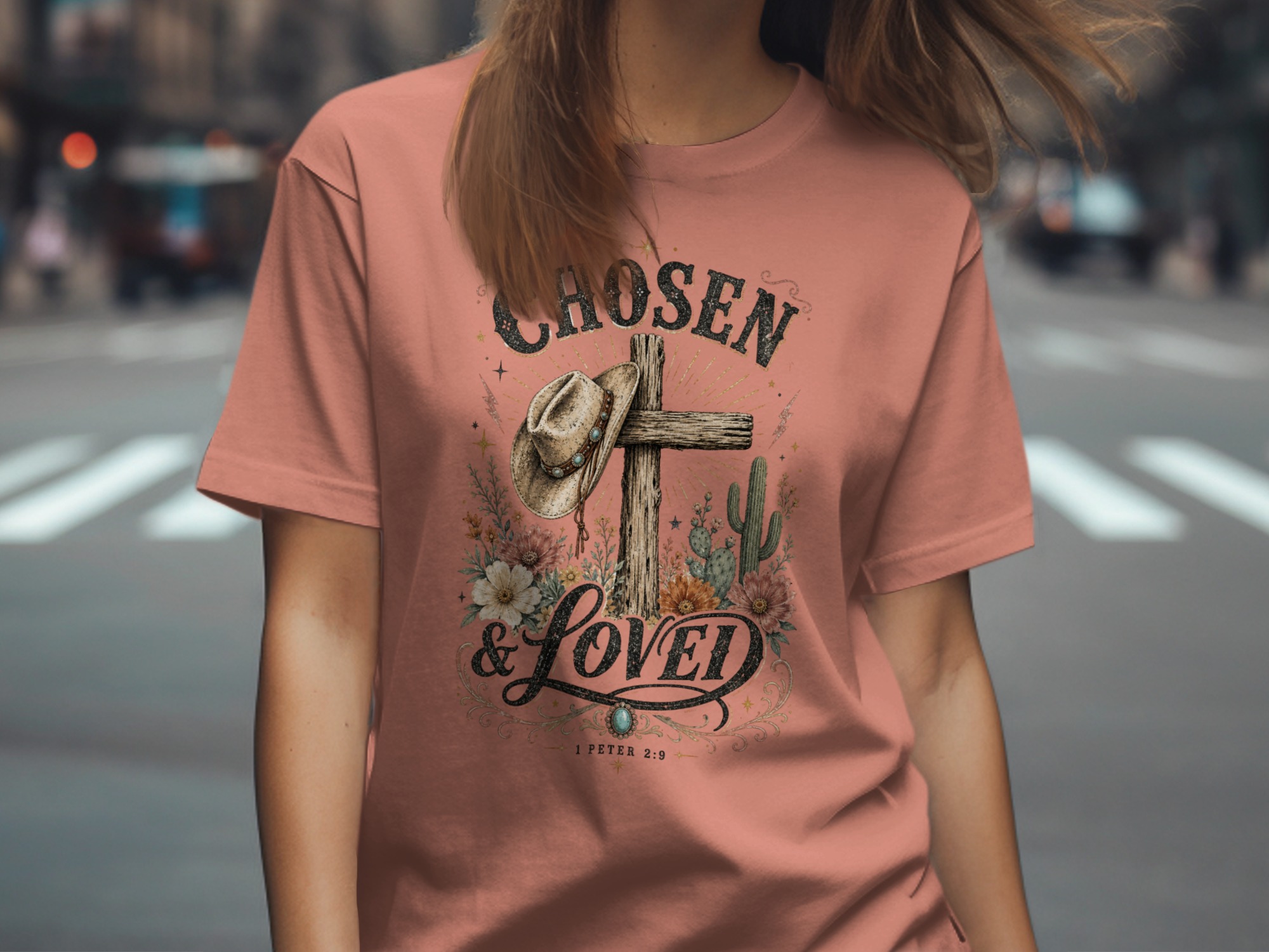 Chosen & Loved Western Christian T-Shirt | Boho Cowgirl Faith Tee, Rustic Cross Scripture 1 Peter 2:9 Top - Image 7