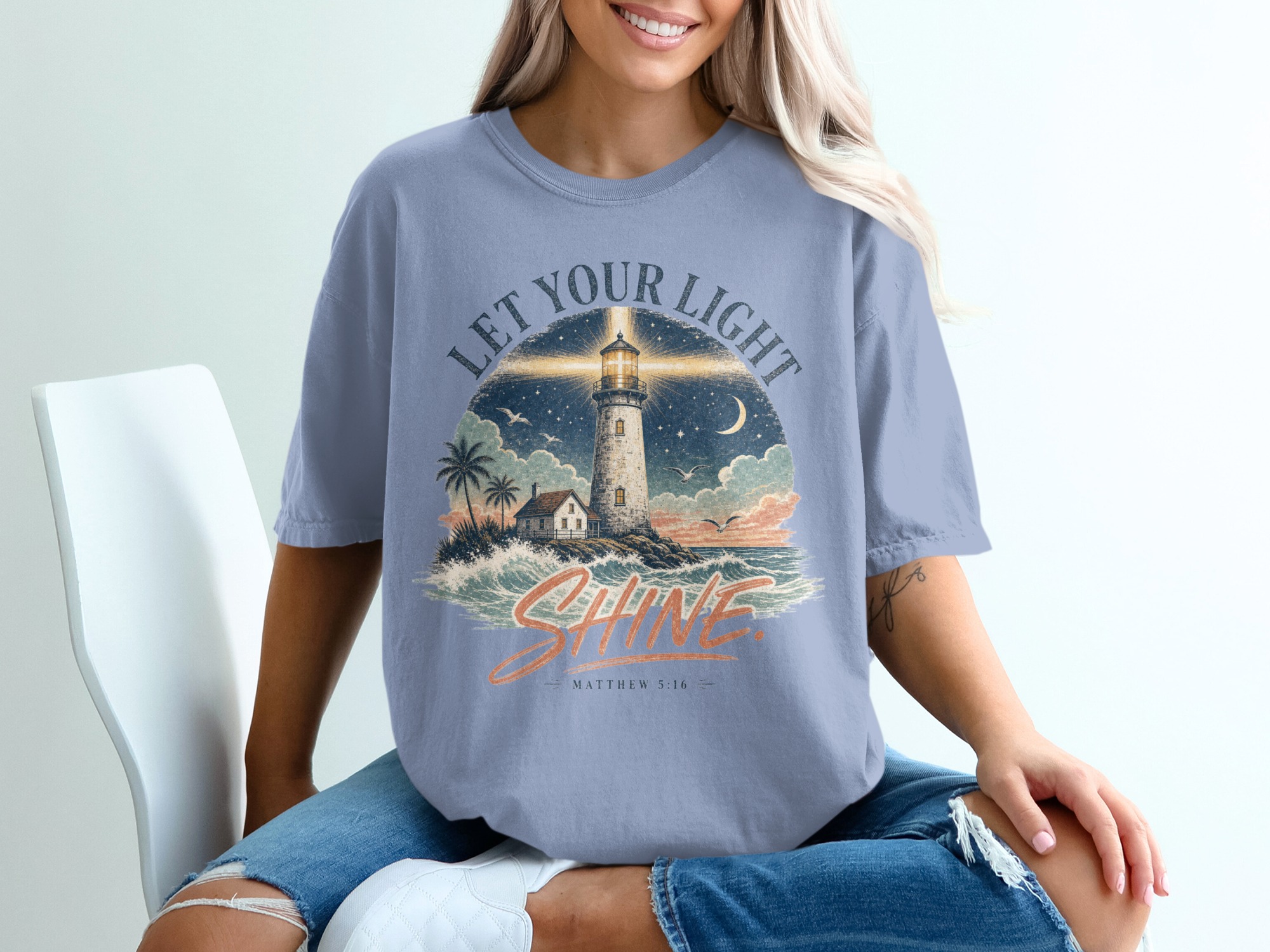 Let Your Light Shine Matthew 5:16 T-Shirt | Christian Lighthouse Verse Tee, Spiritual Faith Gift, Inspirational Apparel - Image 4