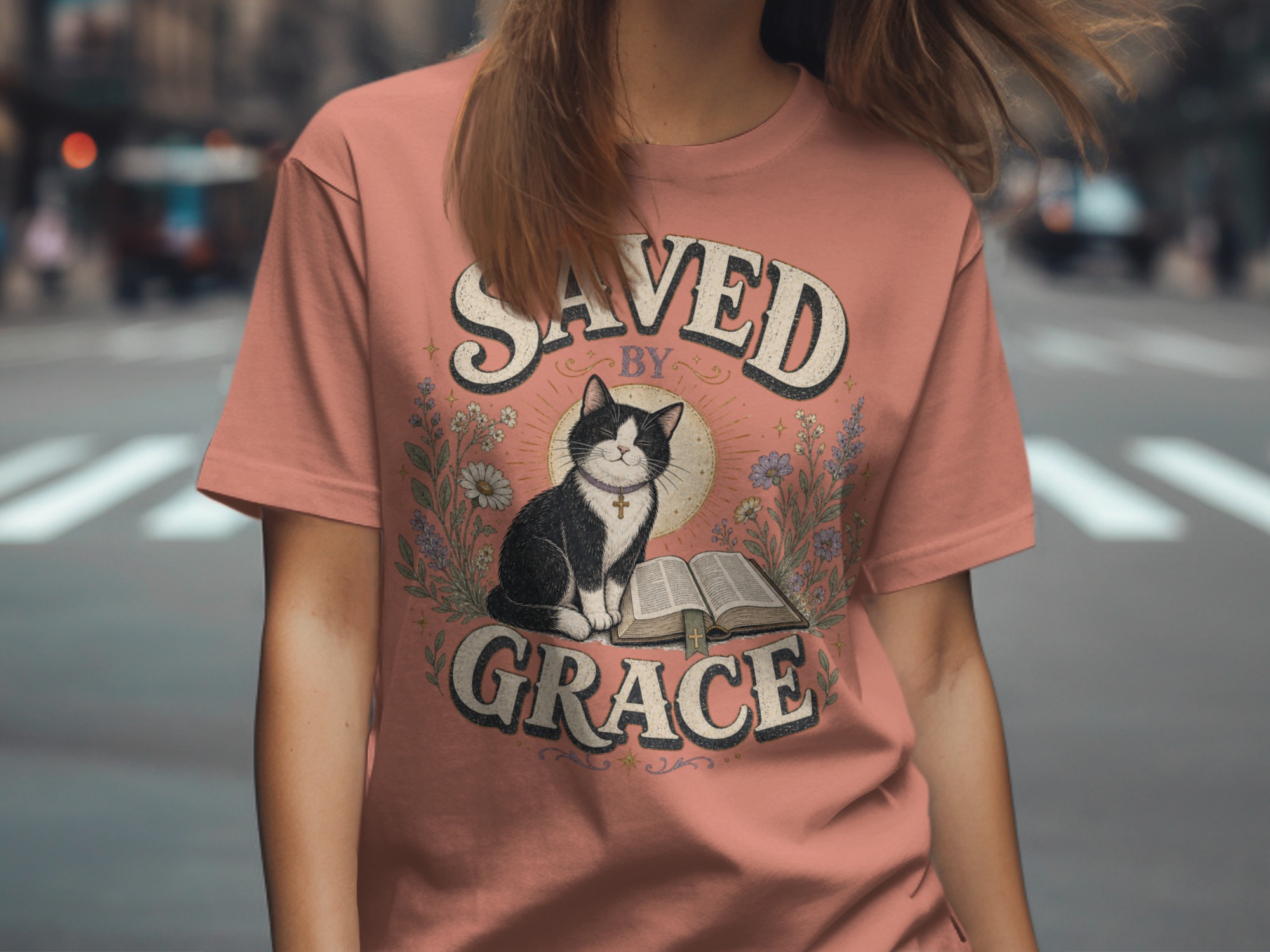 Saved By Grace Christian Cat T-Shirt, Faith Based Tuxedo Kitty and Bible Verse Tee, Cute Religious Floral Women's Gift Shirt - Image 7