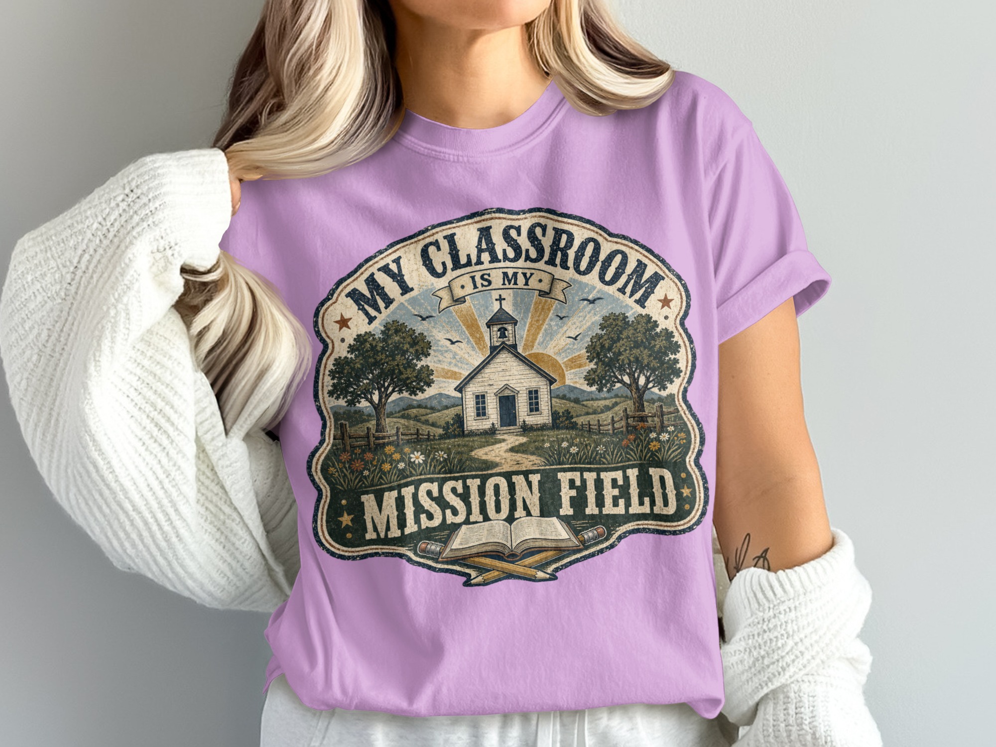 Vintage Classroom Mission Field Teacher T-Shirt, Christian Educator Gift, Schoolhouse Faith Driven Tee, Teacher Appreciation Shirt - Image 4