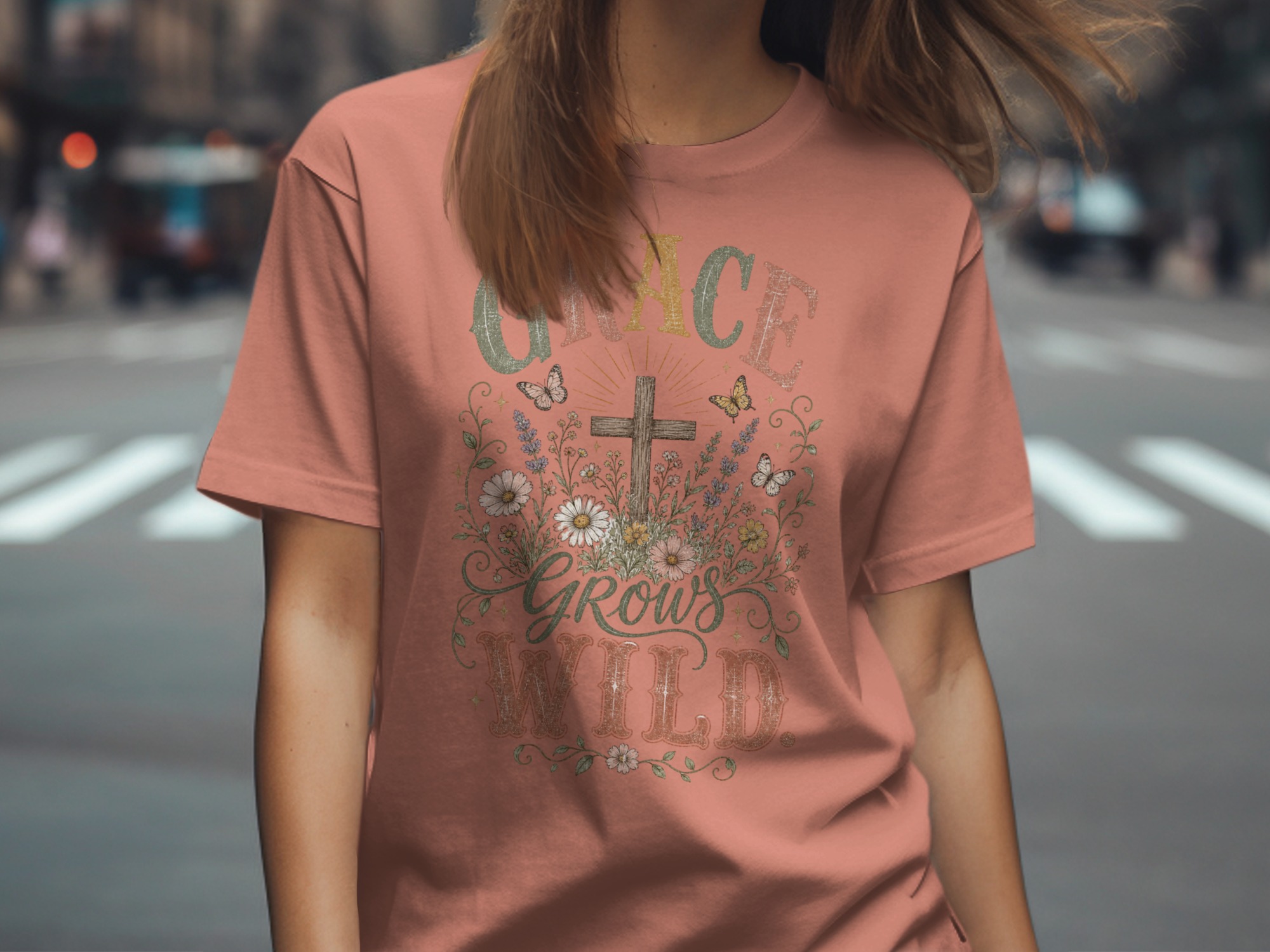 Grace Grows Wild T-Shirt, Christian Faith Tee with Wildflowers & Cross, Boho Inspirational Distressed Religious Shirt, Nature Lover Gift for - Image 7