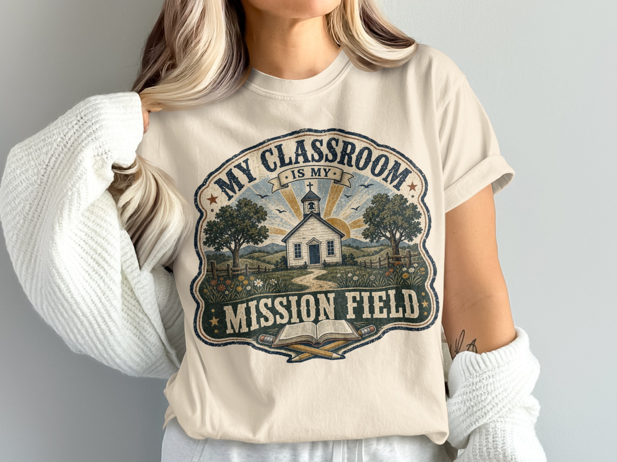 Vintage Classroom Mission Field Teacher T-Shirt, Christian Educator Gift, Schoolhouse Faith Driven Tee, Teacher Appreciation Shirt - Image 3