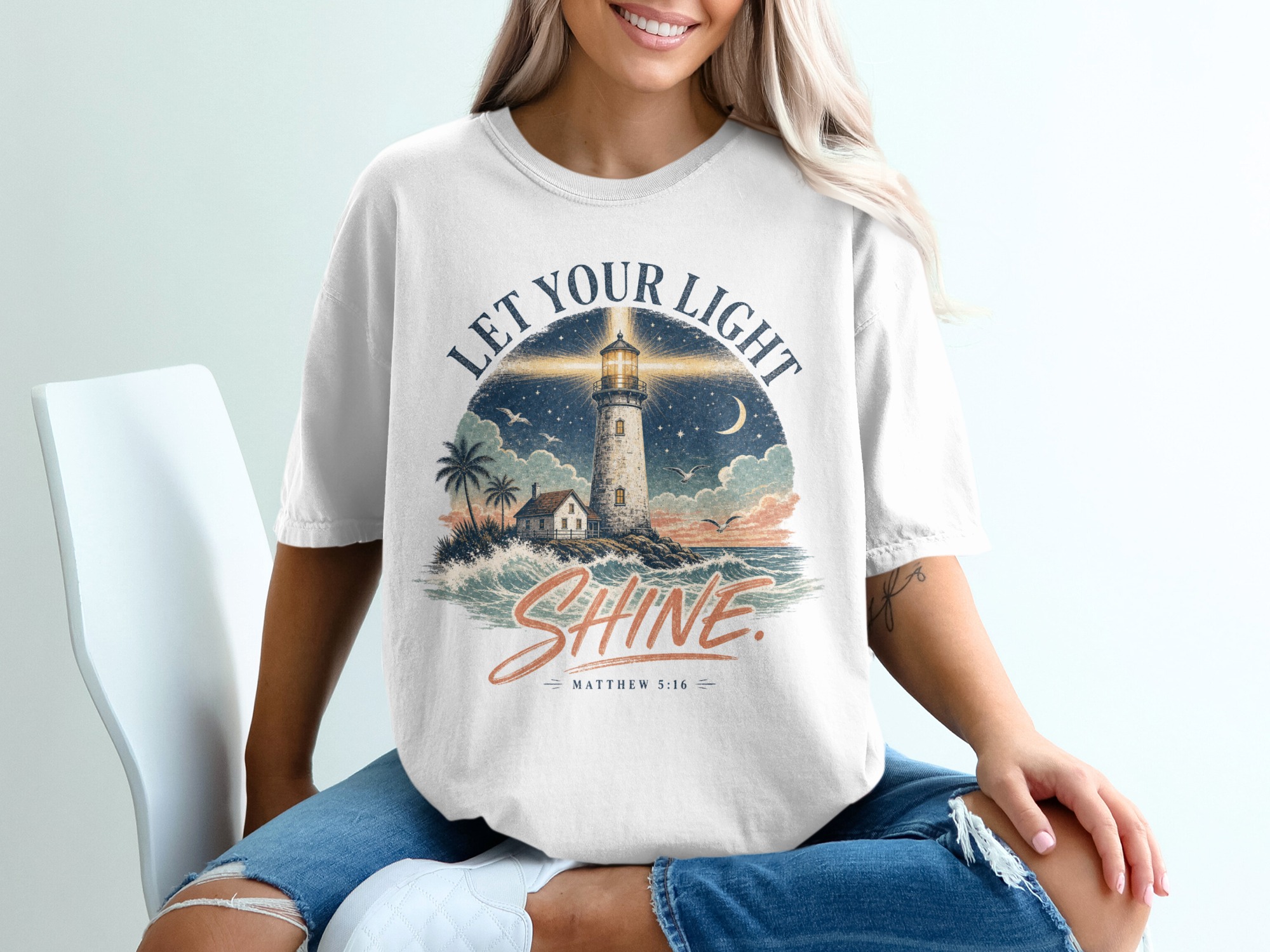 Let Your Light Shine Matthew 5:16 T-Shirt | Christian Lighthouse Verse Tee, Spiritual Faith Gift, Inspirational Apparel