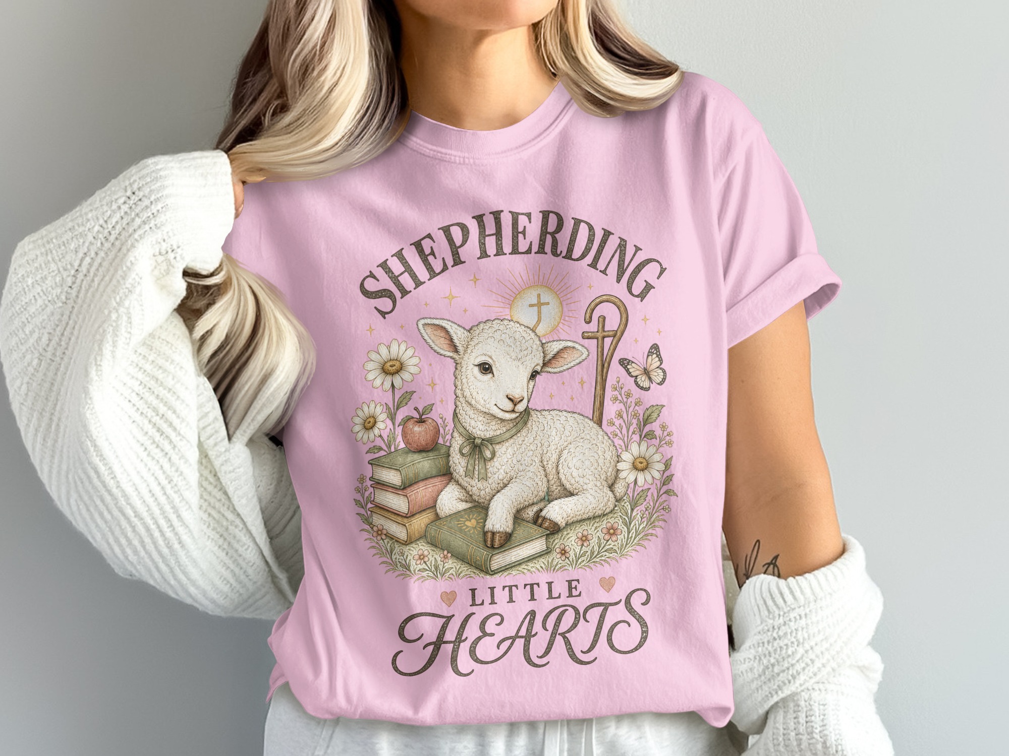 Christian Shepherding Little Hearts T-Shirt | Cute Lamb Daisy Pastor Teacher Gift | Faith-Based Apparel Tee - Image 10