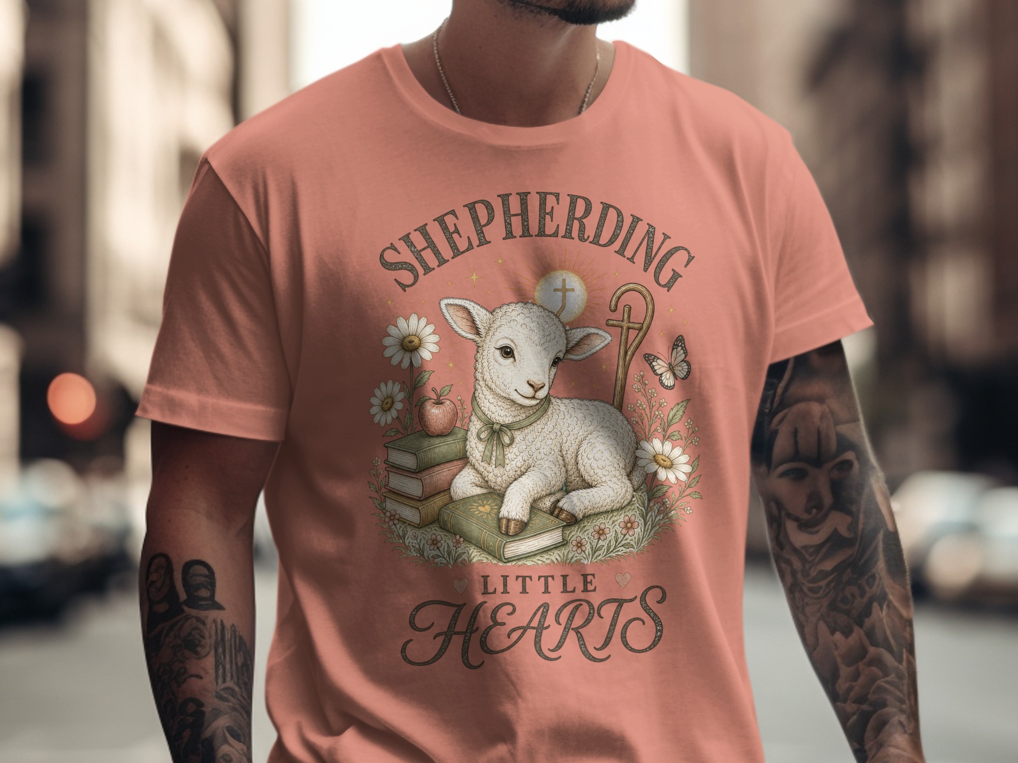 Christian Shepherding Little Hearts T-Shirt | Cute Lamb Daisy Pastor Teacher Gift | Faith-Based Apparel Tee - Image 13